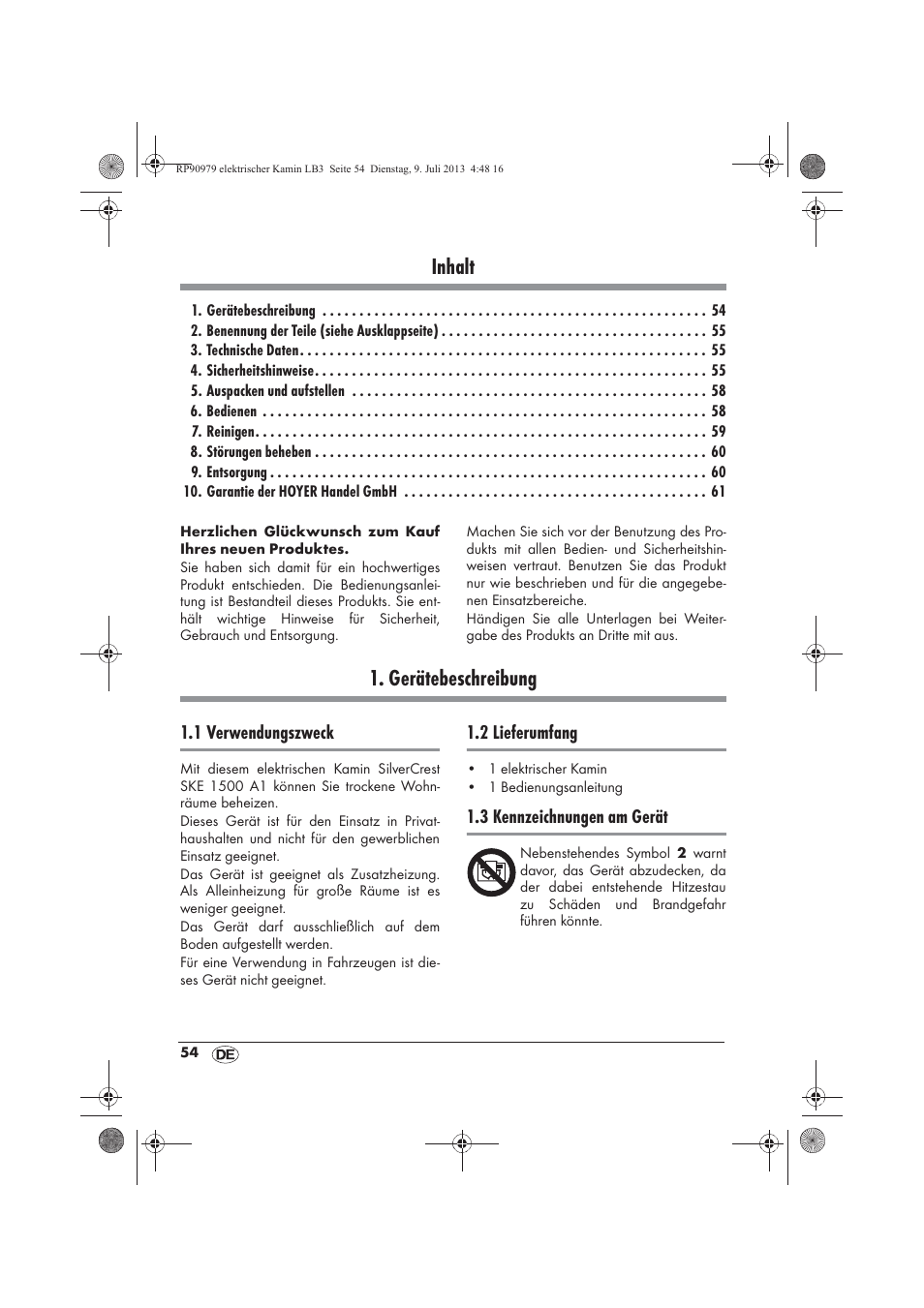 Inhalt, Gerätebeschreibung | Silvercrest SKE 1500 A1 User Manual | Page 56 / 66