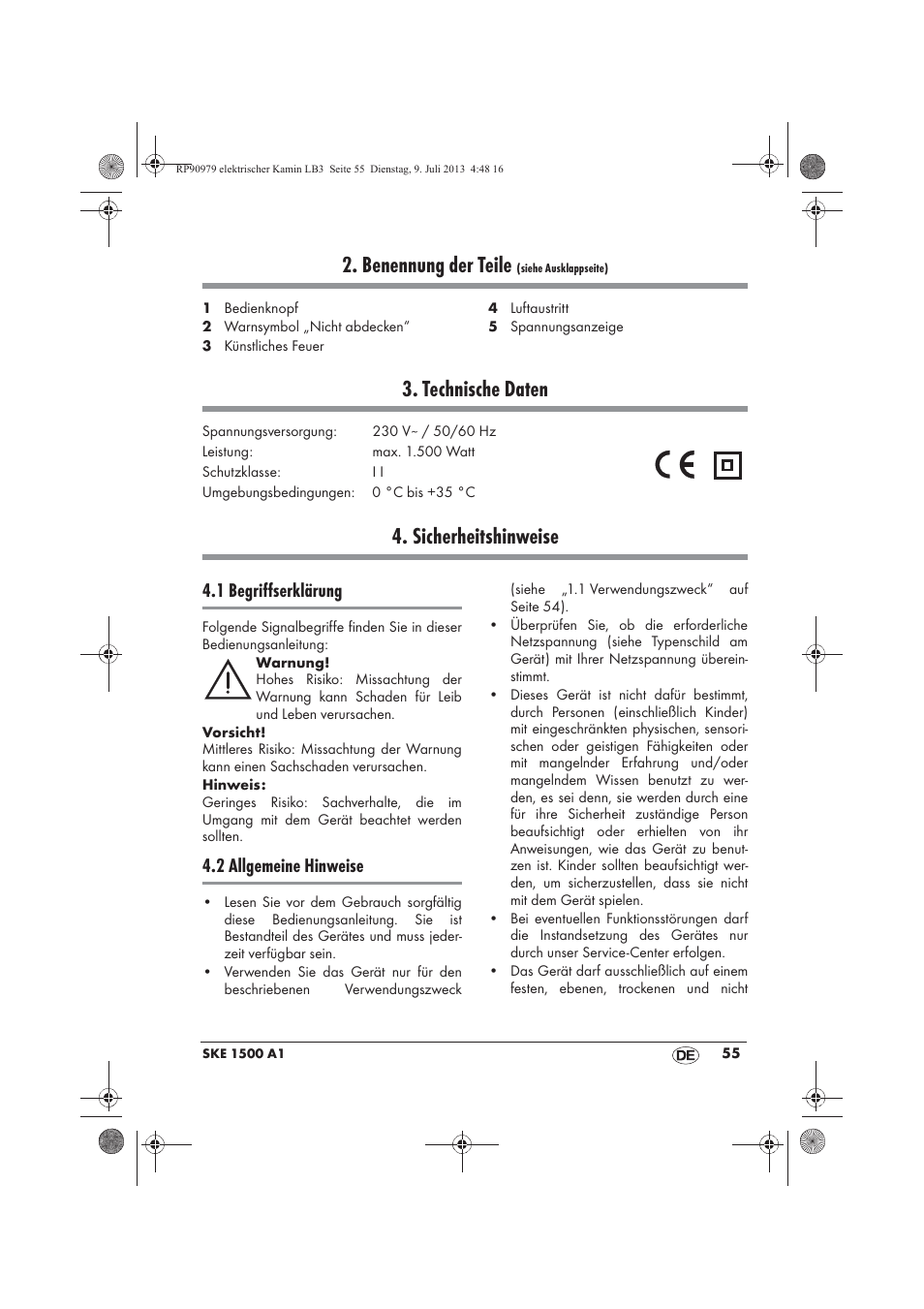 Benennung der teile, Technische daten, Sicherheitshinweise | 1 begriffserklärung, 2 allgemeine hinweise | Silvercrest SKE 1500 A1 User Manual | Page 57 / 66