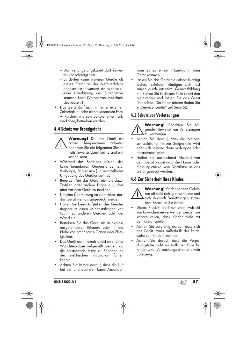 4 schutz vor brandgefahr, 5 schutz vor verletzungen, 6 zur sicherheit ihres kindes | Silvercrest SKE 1500 A1 User Manual | Page 59 / 66