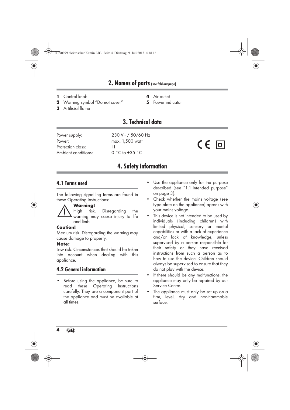 Names of parts, Technical data, Safety information | 1 terms used, 2 general information | Silvercrest SKE 1500 A1 User Manual | Page 6 / 66