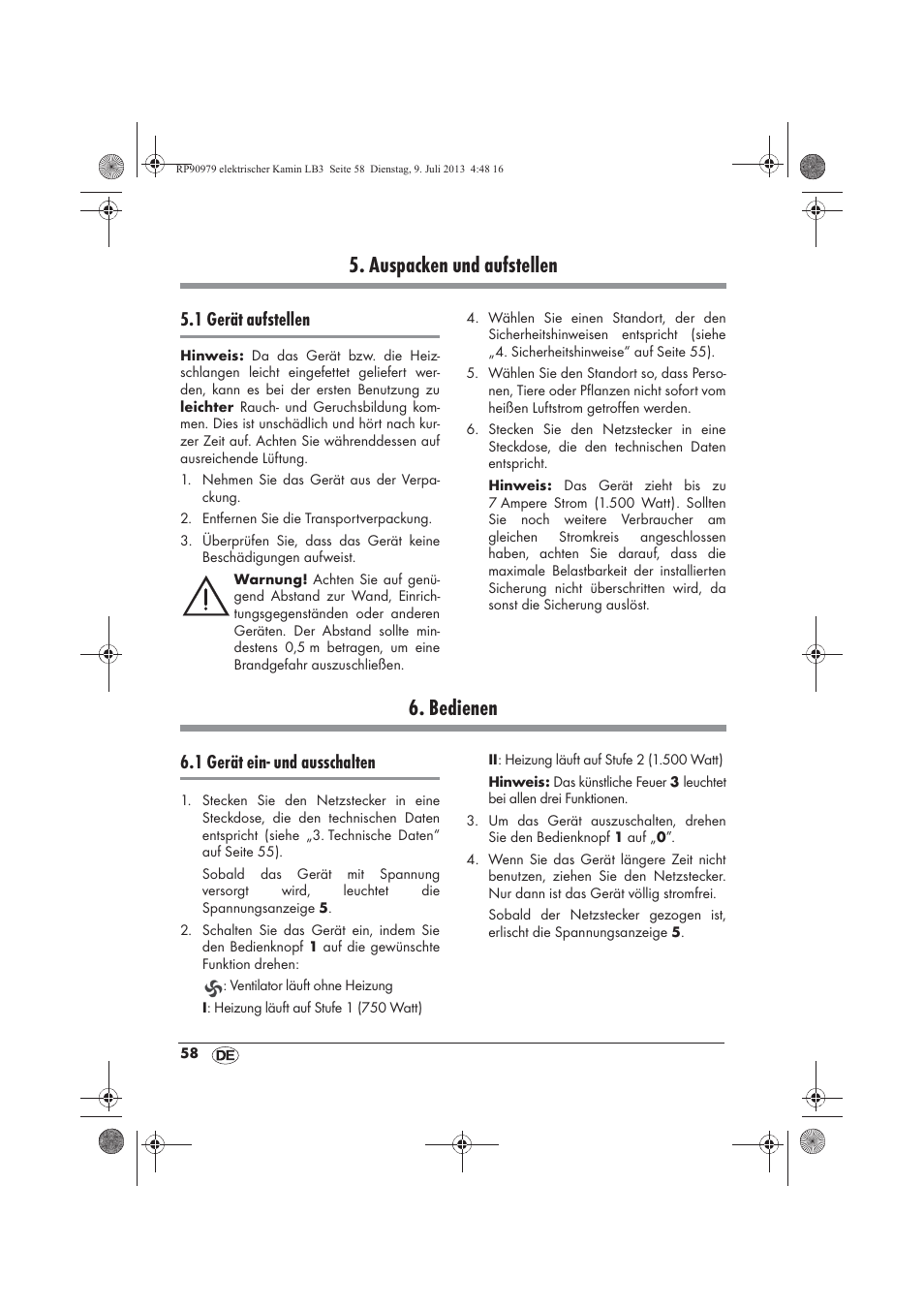 Auspacken und aufstellen, Bedienen, 1 gerät aufstellen | 1 gerät ein- und ausschalten | Silvercrest SKE 1500 A1 User Manual | Page 60 / 66