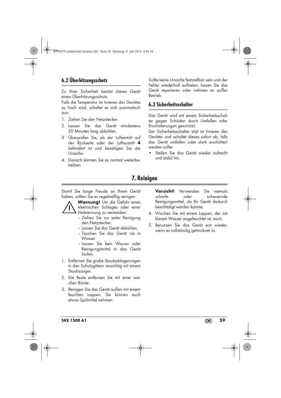 Reinigen, 2 überhitzungsschutz, 3 sicherheitsschalter | Silvercrest SKE 1500 A1 User Manual | Page 61 / 66