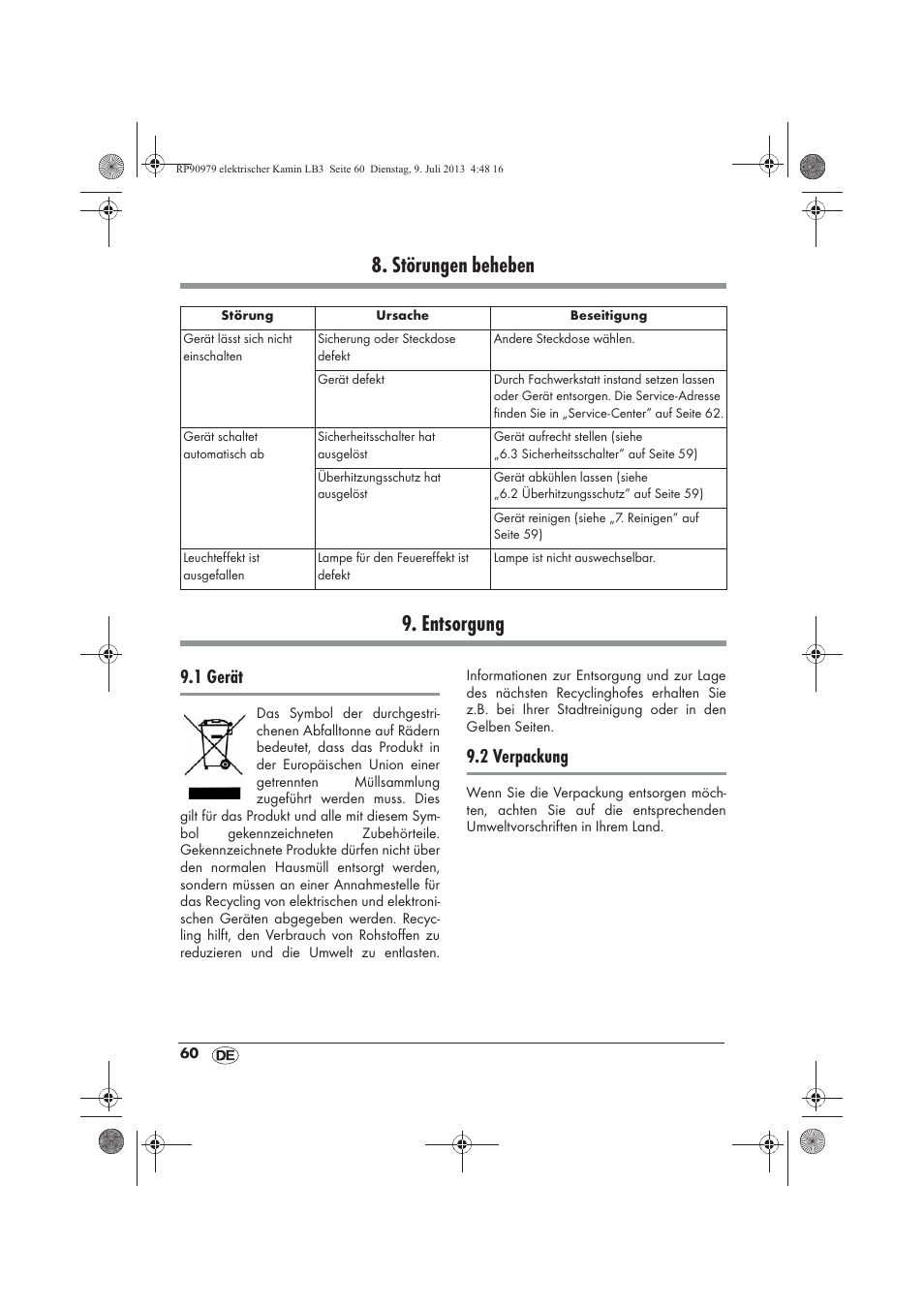 Störungen beheben 9. entsorgung, 1 gerät, 2 verpackung | Silvercrest SKE 1500 A1 User Manual | Page 62 / 66