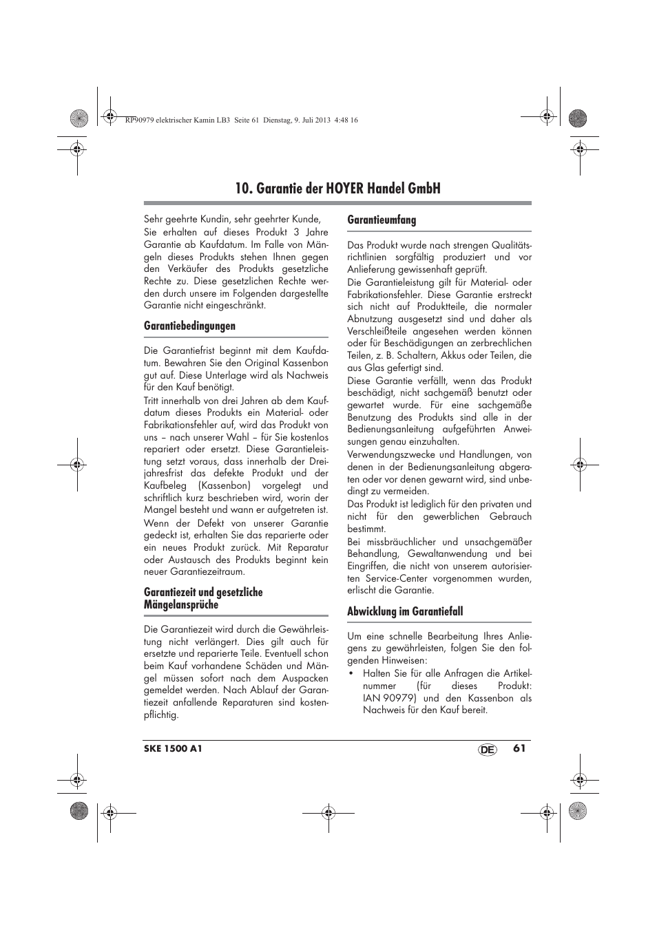 Garantie der hoyer handel gmbh | Silvercrest SKE 1500 A1 User Manual | Page 63 / 66