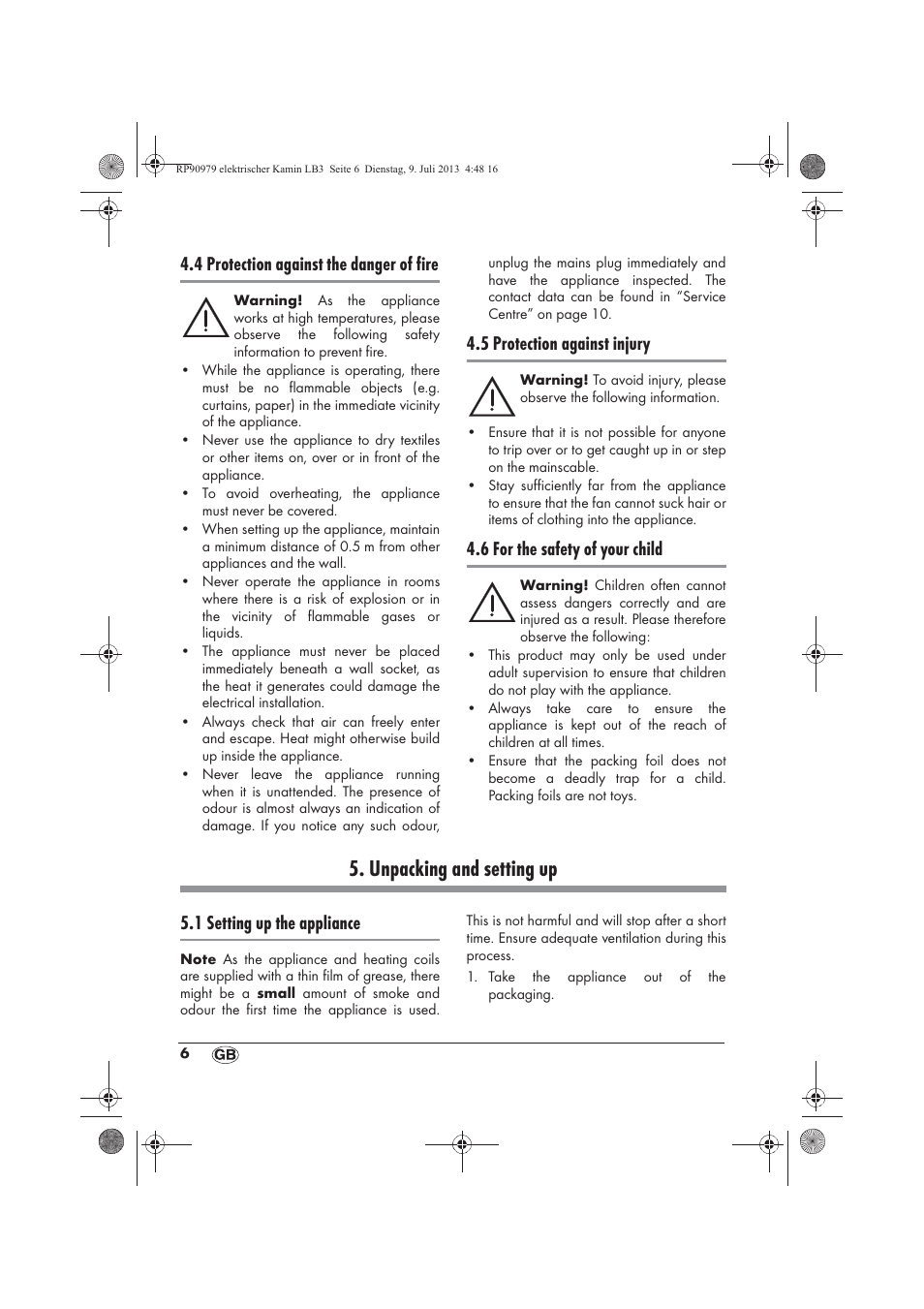 Unpacking and setting up, 4 protection against the danger of fire, 5 protection against injury | 6 for the safety of your child, 1 setting up the appliance | Silvercrest SKE 1500 A1 User Manual | Page 8 / 66