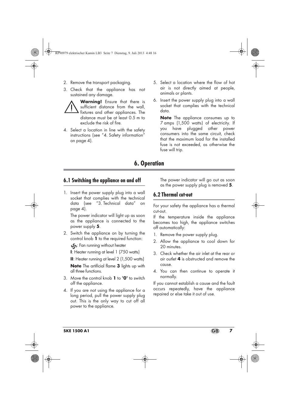 Operation, 1 switching the appliance on and off, 2 thermal cut-out | Silvercrest SKE 1500 A1 User Manual | Page 9 / 66