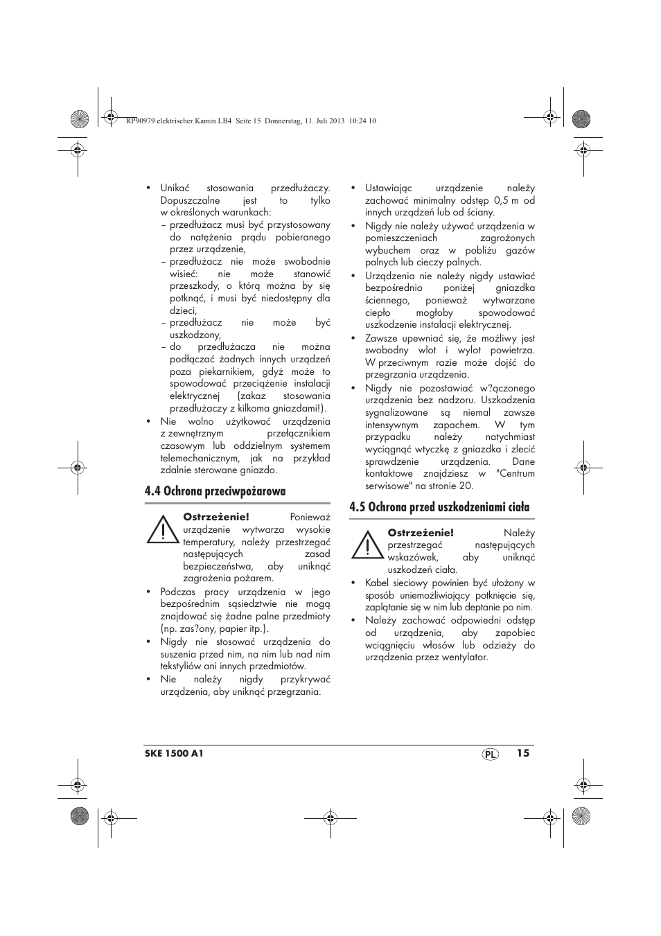 4 ochrona przeciwpożarowa, 5 ochrona przed uszkodzeniami ciała | Silvercrest SKE 1500 A1 User Manual | Page 17 / 70