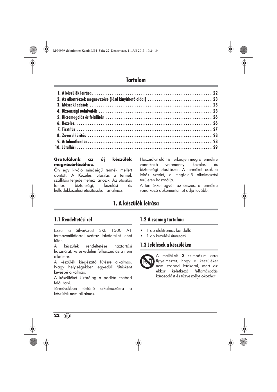 Tartalom, A készülék leírása | Silvercrest SKE 1500 A1 User Manual | Page 24 / 70