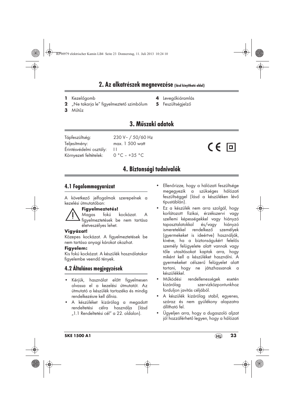 Az alkatrészek megnevezése, Műszaki adatok, Biztonsági tudnivalók | 1 fogalommagyarázat, 2 általános megjegyzések | Silvercrest SKE 1500 A1 User Manual | Page 25 / 70