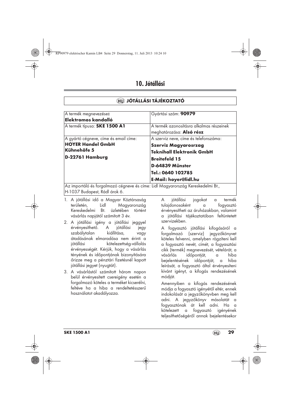 Jótállási | Silvercrest SKE 1500 A1 User Manual | Page 31 / 70