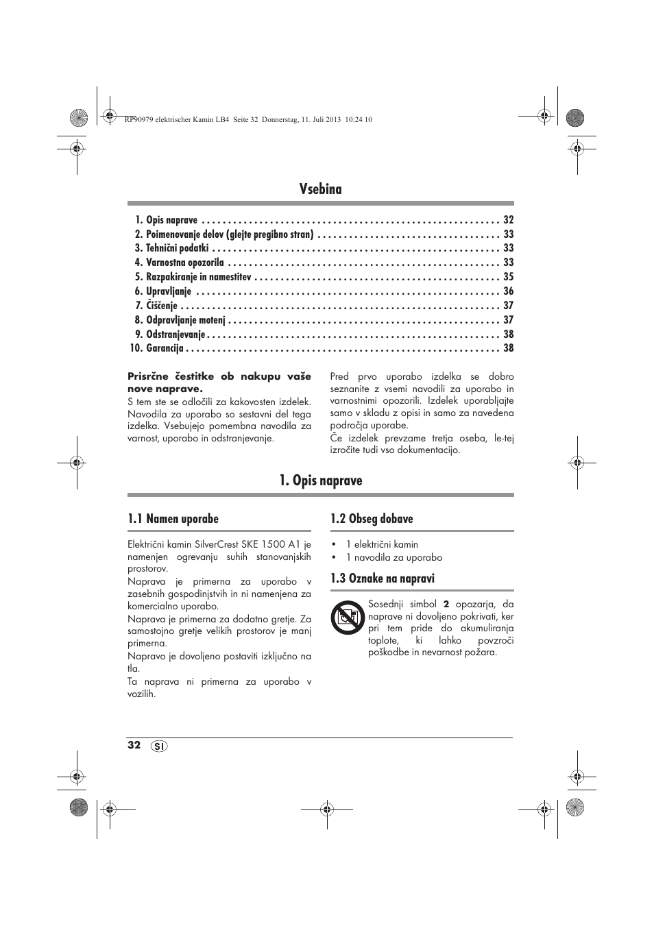 Vsebina, Opis naprave | Silvercrest SKE 1500 A1 User Manual | Page 34 / 70