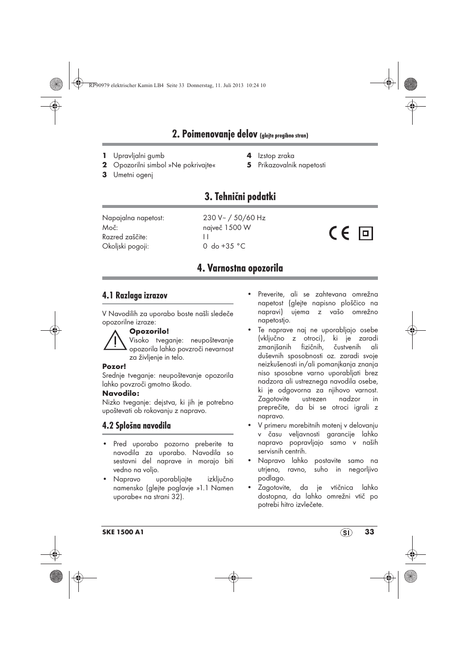 Poimenovanje delov, Tehnični podatki, Varnostna opozorila | 1 razlaga izrazov, 2 splošna navodila | Silvercrest SKE 1500 A1 User Manual | Page 35 / 70