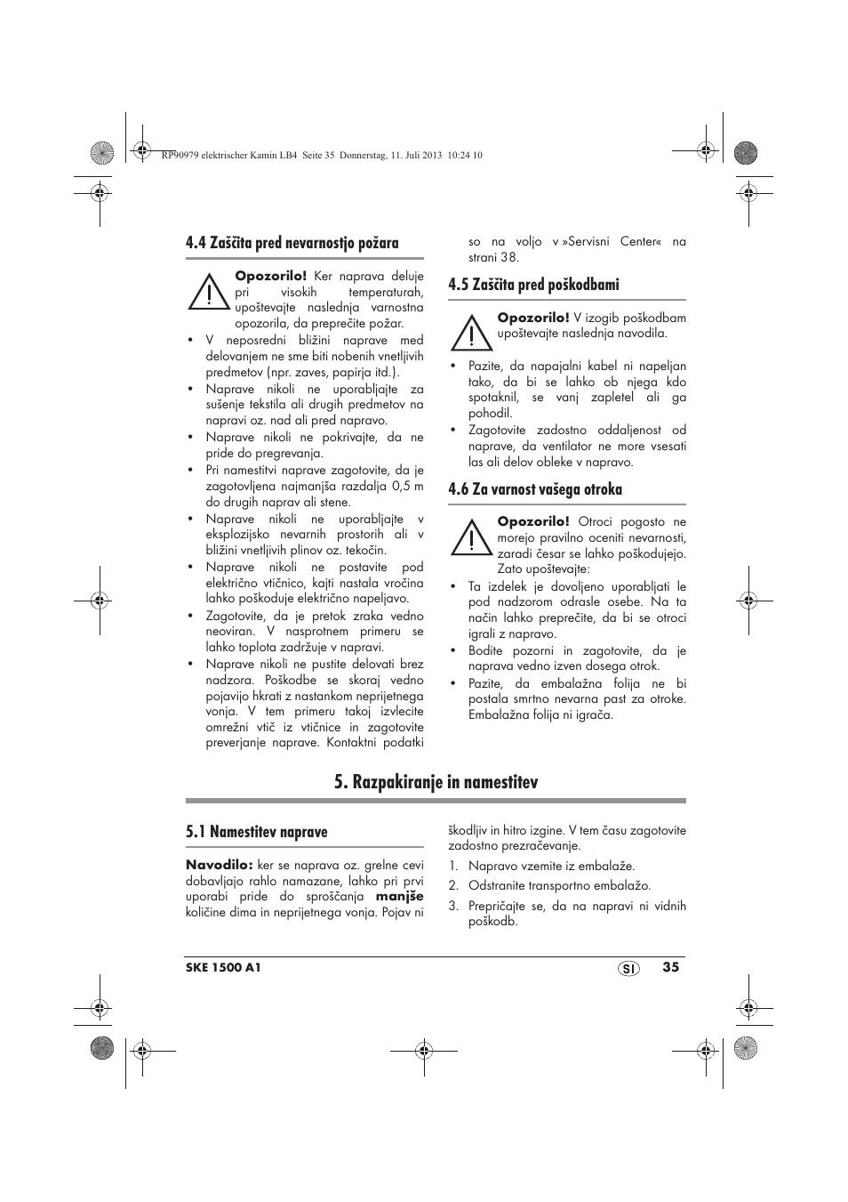 Razpakiranje in namestitev, 4 zaščita pred nevarnostjo požara, 5 zaščita pred poškodbami | 6 za varnost vašega otroka, 1 namestitev naprave | Silvercrest SKE 1500 A1 User Manual | Page 37 / 70