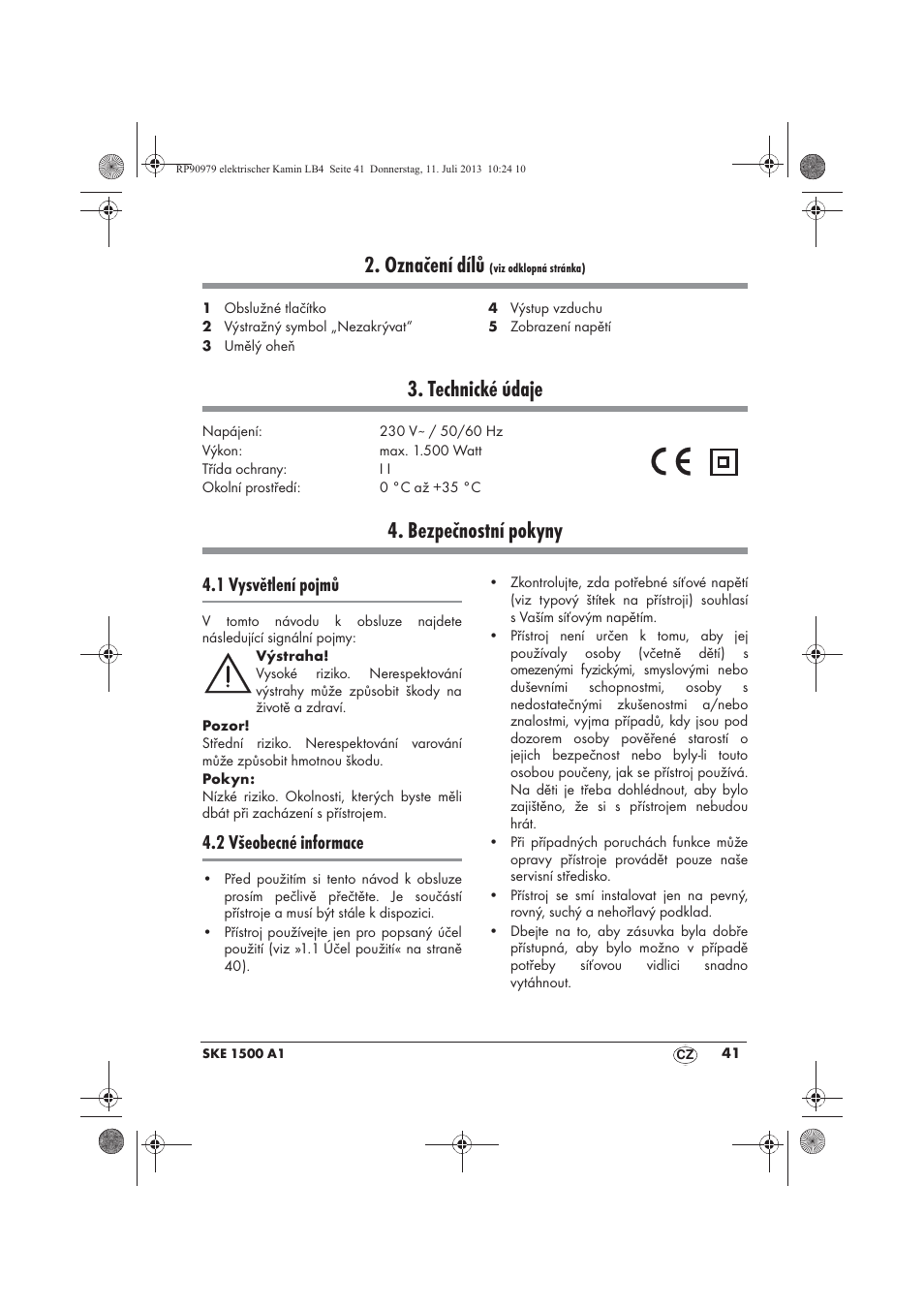 Označení dílů, Technické údaje, Bezpečnostní pokyny | 1 vysvětlení pojmů, 2 všeobecné informace | Silvercrest SKE 1500 A1 User Manual | Page 43 / 70