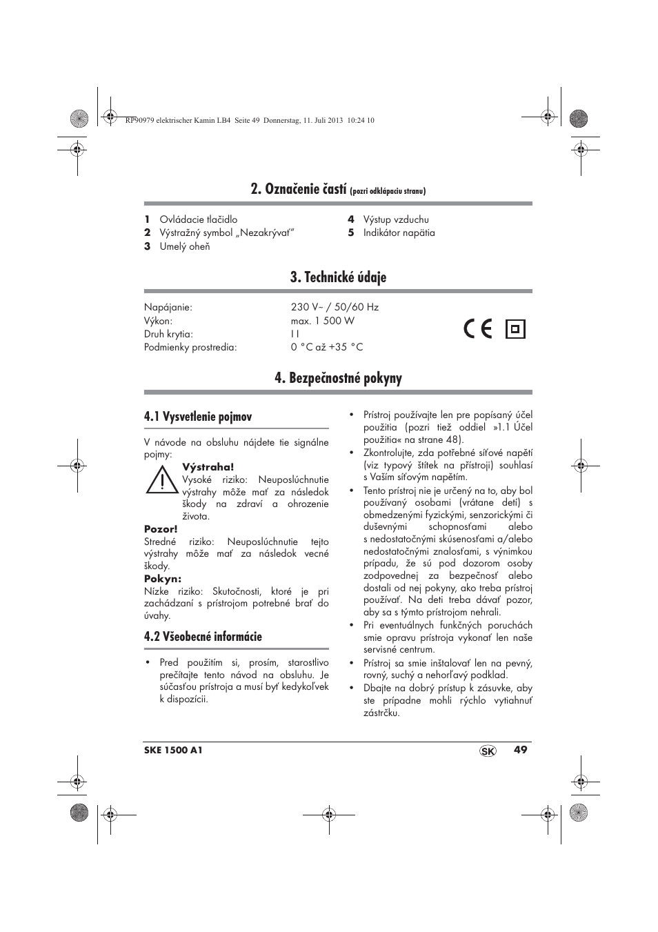 Označenie častí, Technické údaje, Bezpečnostné pokyny | 1 vysvetlenie pojmov, 2 všeobecné informácie | Silvercrest SKE 1500 A1 User Manual | Page 51 / 70