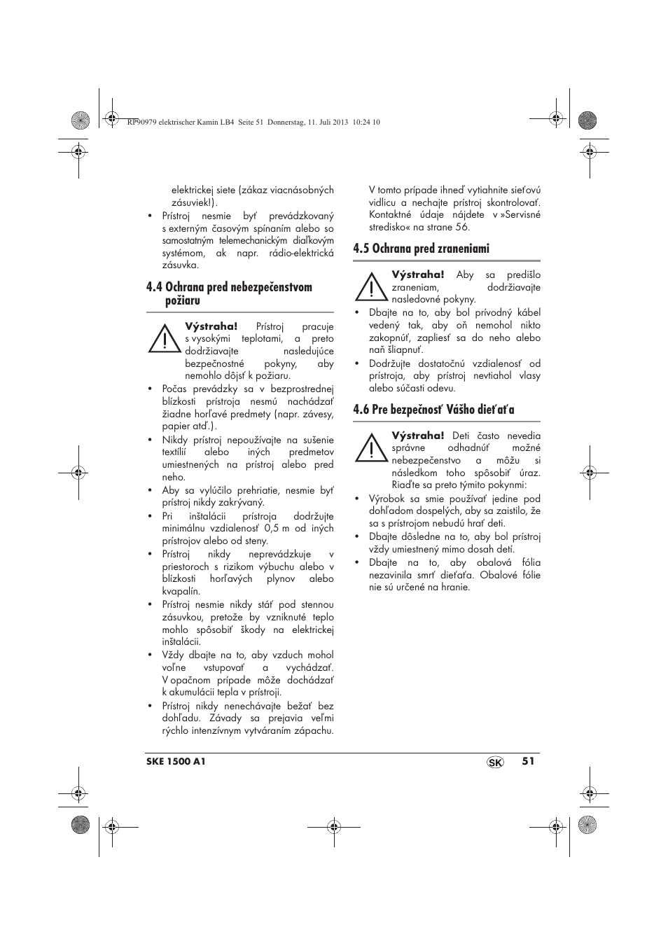 4 ochrana pred nebezpečenstvom požiaru, 5 ochrana pred zraneniami, 6 pre bezpečnosť vášho dieťaťa | Silvercrest SKE 1500 A1 User Manual | Page 53 / 70