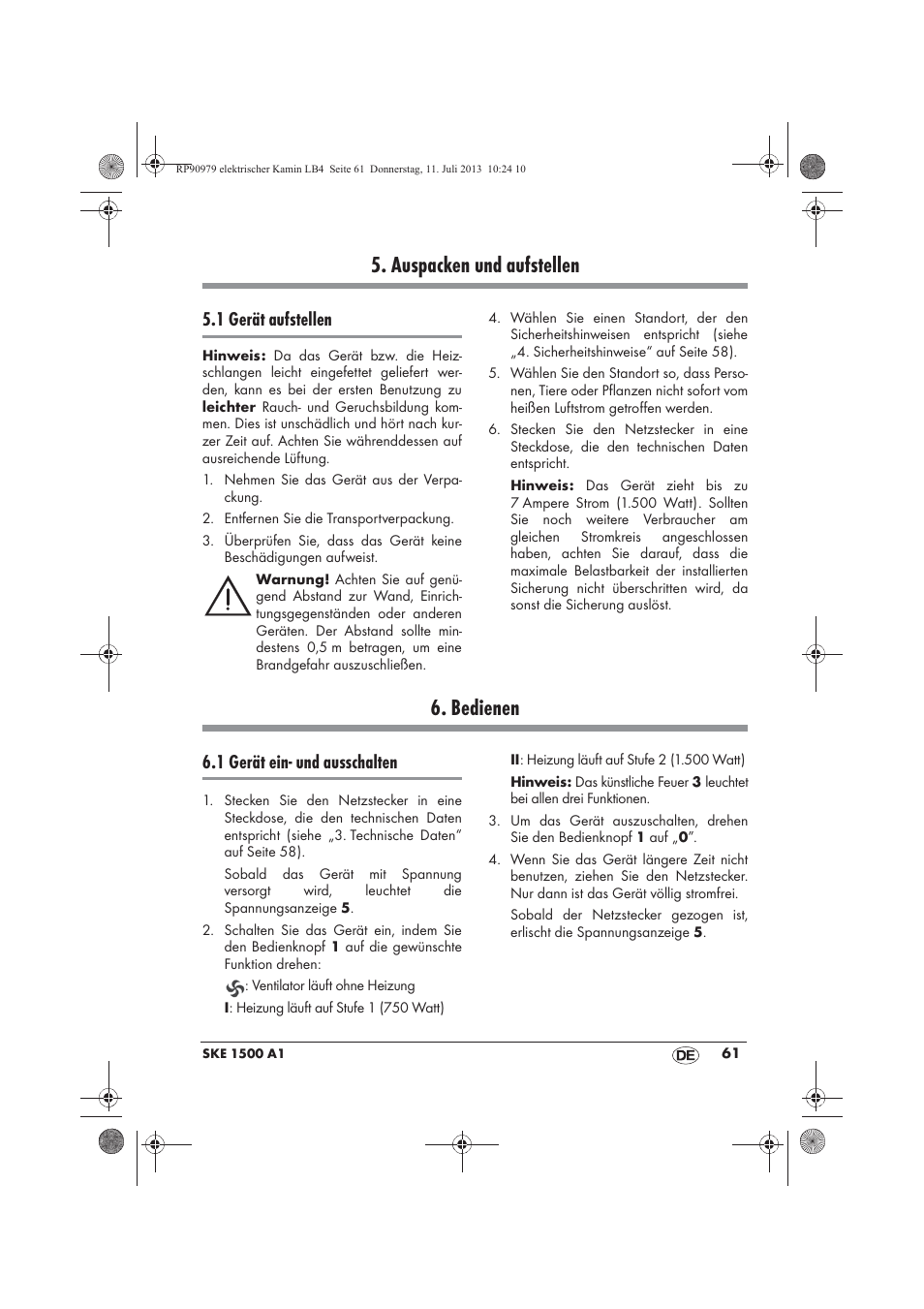 Auspacken und aufstellen, Bedienen, 1 gerät aufstellen | 1 gerät ein- und ausschalten | Silvercrest SKE 1500 A1 User Manual | Page 63 / 70