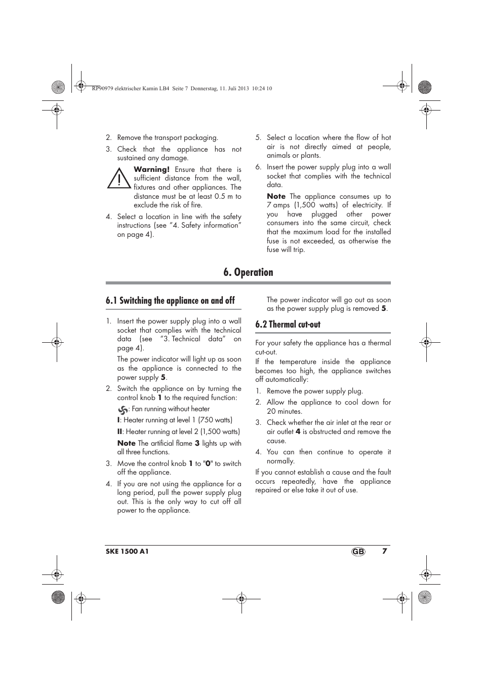 Operation, 1 switching the appliance on and off, 2 thermal cut-out | Silvercrest SKE 1500 A1 User Manual | Page 9 / 70