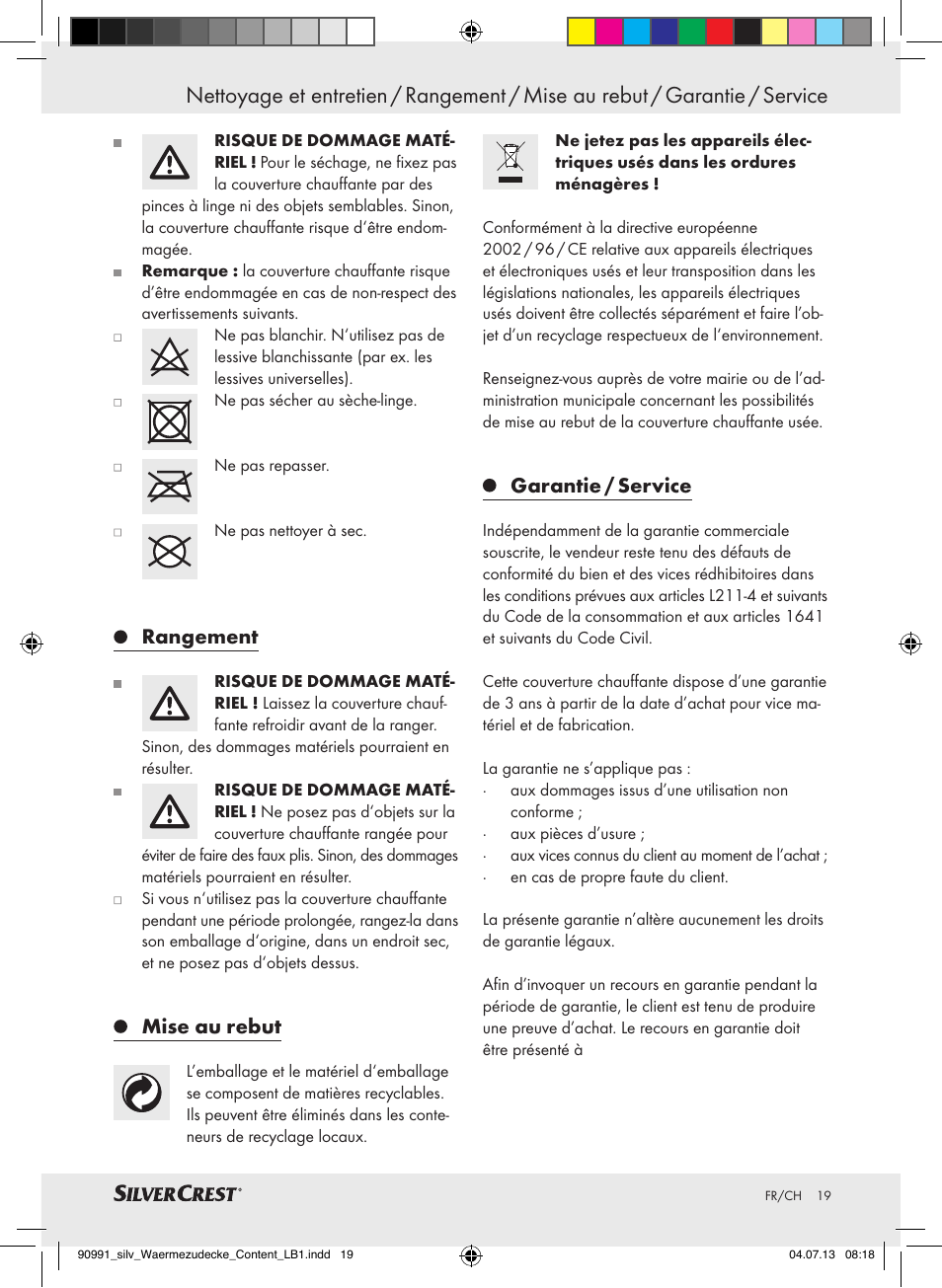 Rangement, Mise au rebut, Garantie / service | Silvercrest SWD 100 B2 User Manual | Page 19 / 44