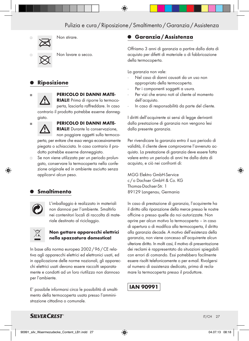 Riposizione, Smaltimento, Garanzia / assistenza | Silvercrest SWD 100 B2 User Manual | Page 27 / 44