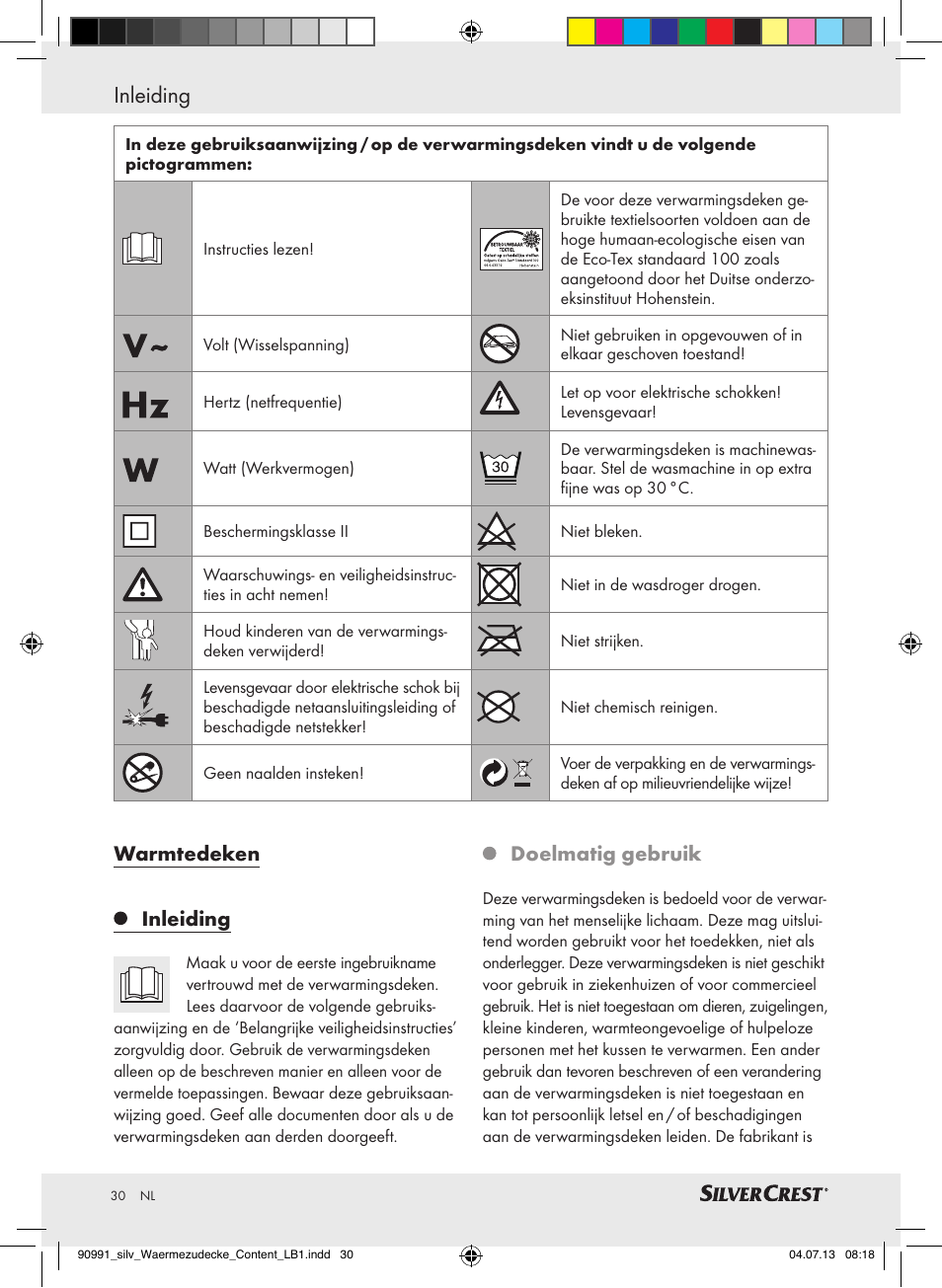 Warmtedeken inleiding, Doelmatig gebruik | Silvercrest SWD 100 B2 User Manual | Page 30 / 44