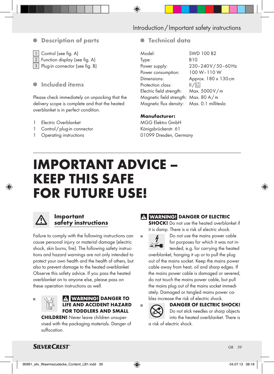 Important advice – keep this safe for future use | Silvercrest SWD 100 B2 User Manual | Page 39 / 44