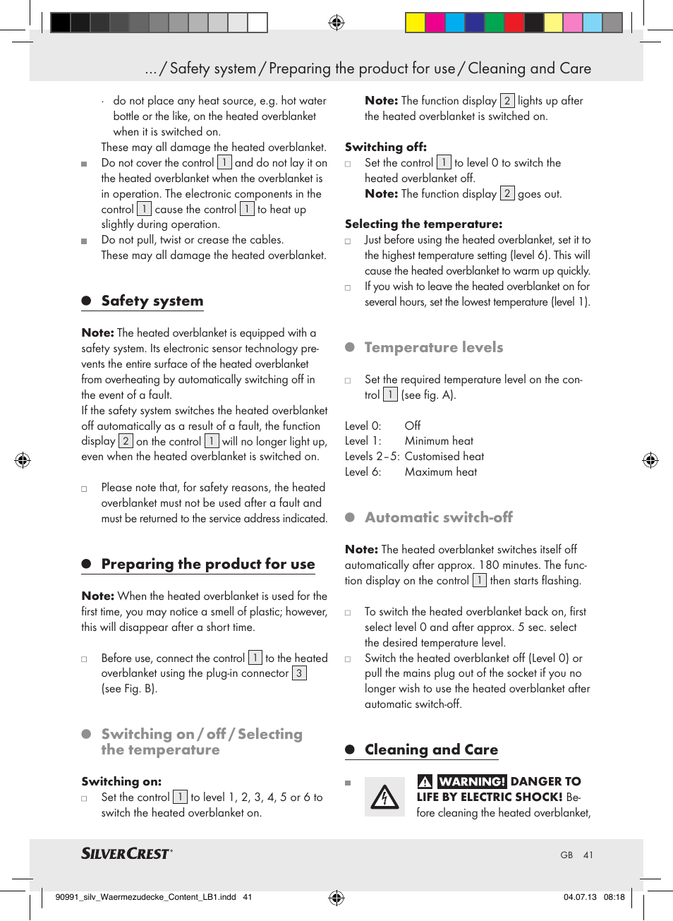 Safety system, Preparing the product for use, Switching on / off / selecting the temperature | Temperature levels, Automatic switch-off, Cleaning and care | Silvercrest SWD 100 B2 User Manual | Page 41 / 44