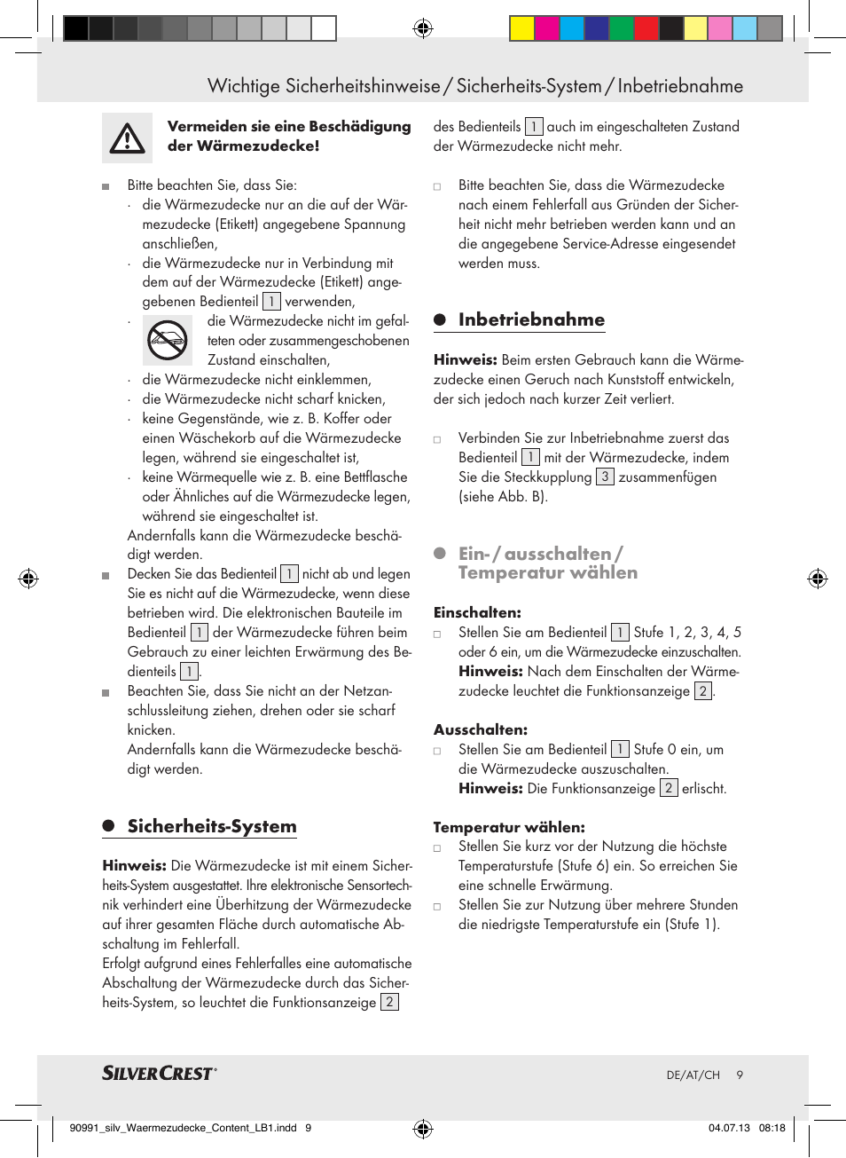 Sicherheits-system, Inbetriebnahme, Ein- / ausschalten / temperatur wählen | Silvercrest SWD 100 B2 User Manual | Page 9 / 44