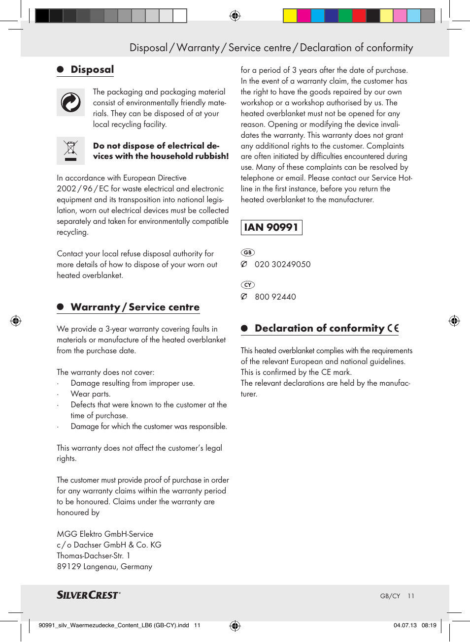 Disposal, Warranty / service centre, Declaration of conformity | Silvercrest SWD 100 B2 User Manual | Page 11 / 21