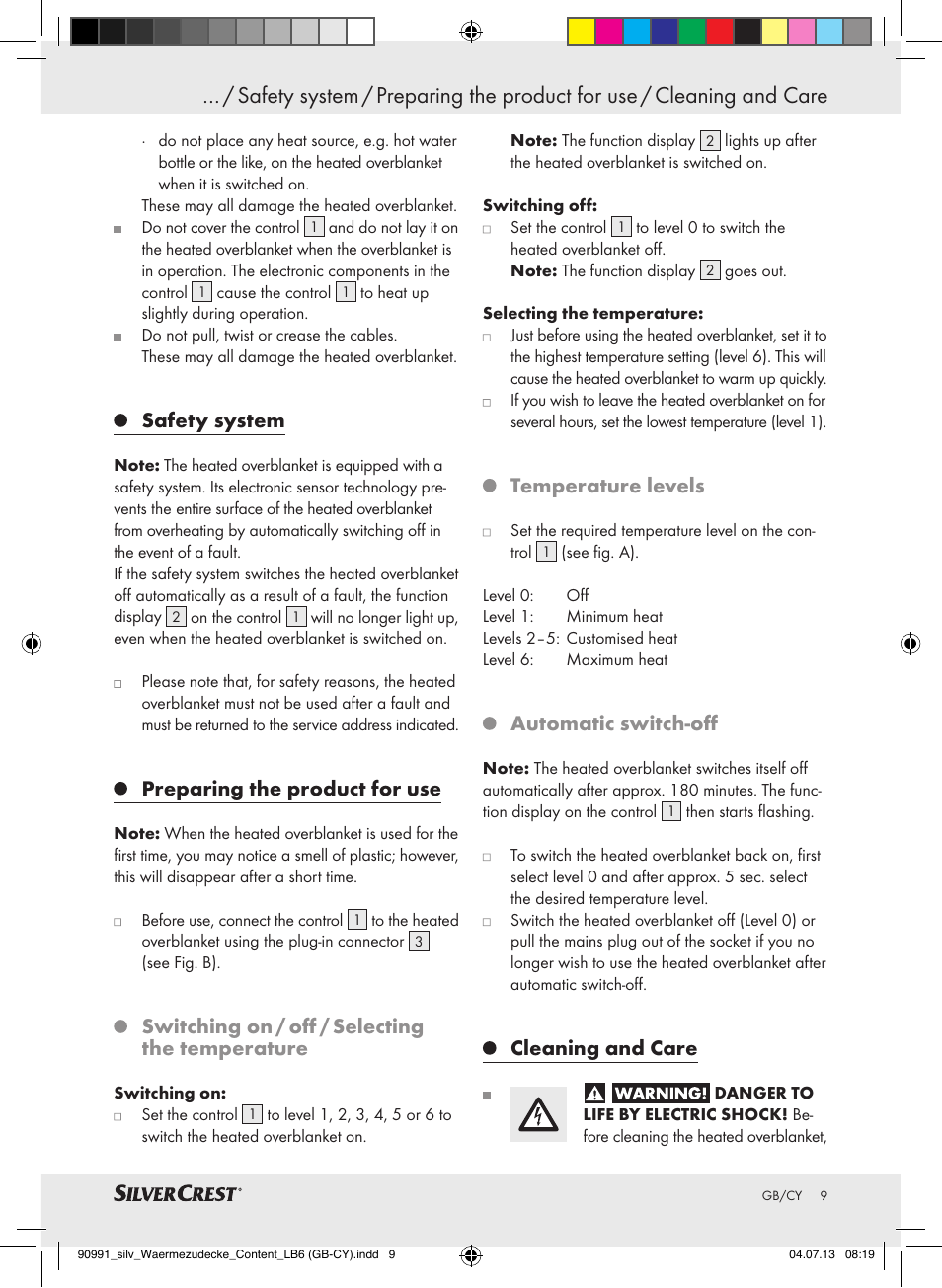 Safety system, Preparing the product for use, Switching on / off / selecting the temperature | Temperature levels, Automatic switch-off, Cleaning and care | Silvercrest SWD 100 B2 User Manual | Page 9 / 21