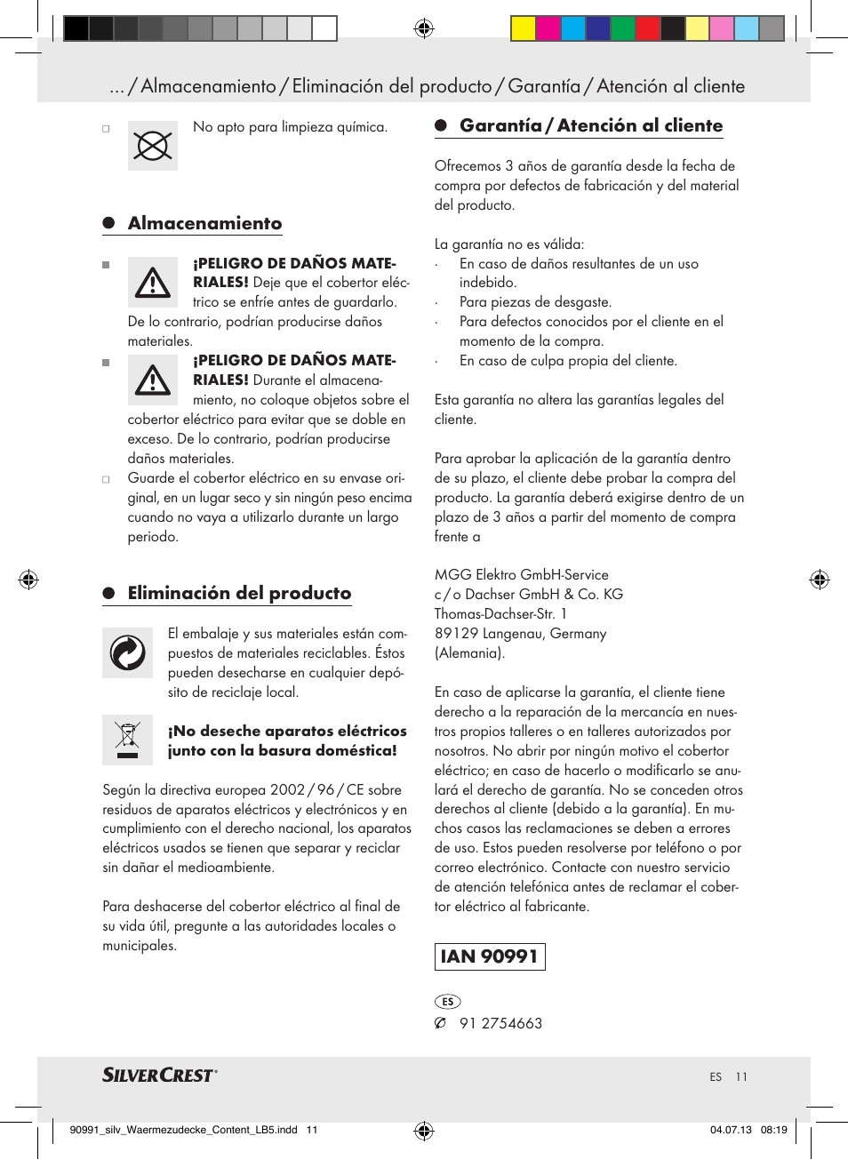 Almacenamiento, Eliminación del producto, Garantía / atención al cliente | Silvercrest SWD 100 B2 User Manual | Page 11 / 45