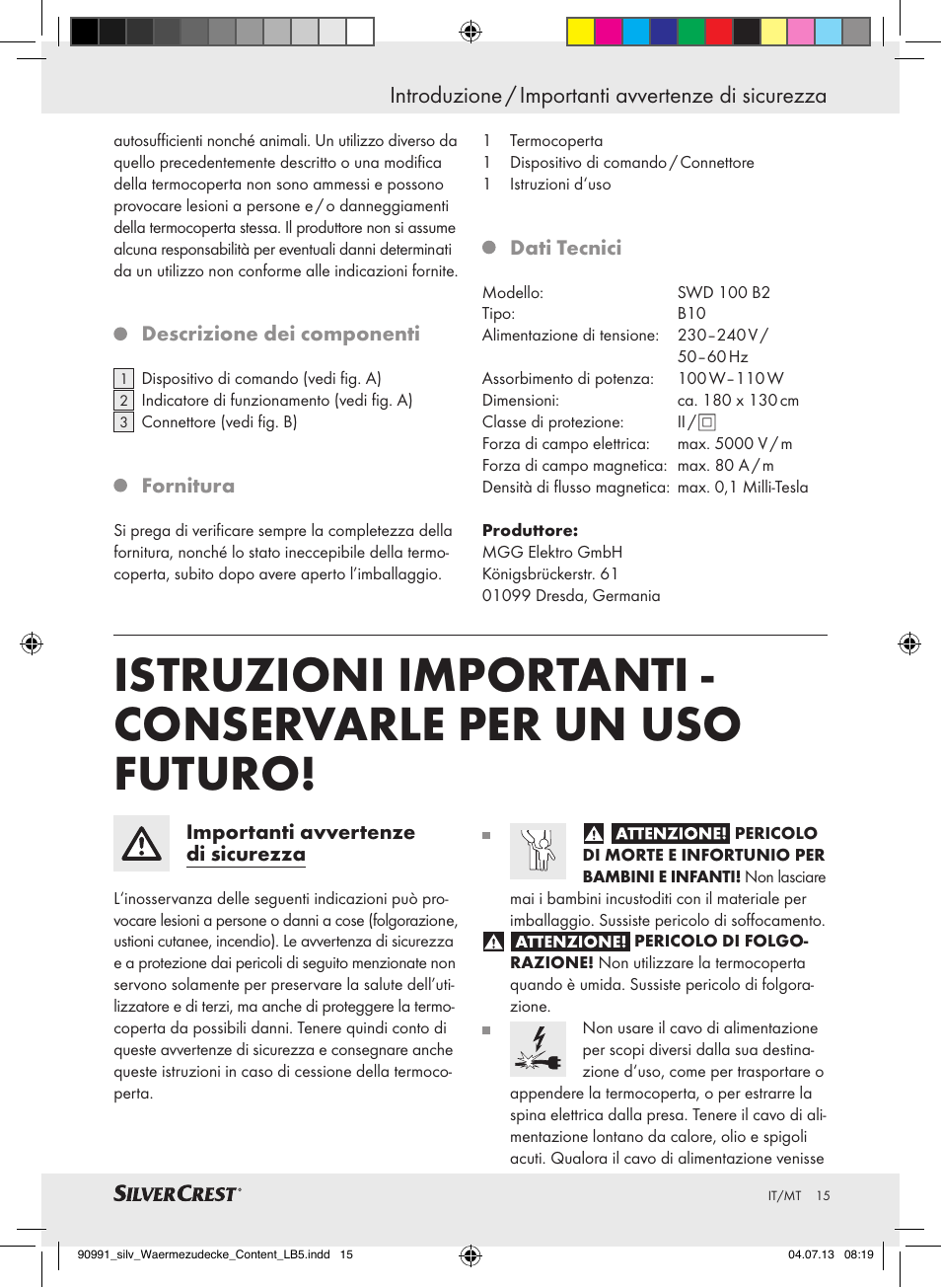 Introduzione / importanti avvertenze di sicurezza, Introduzione | Silvercrest SWD 100 B2 User Manual | Page 15 / 45