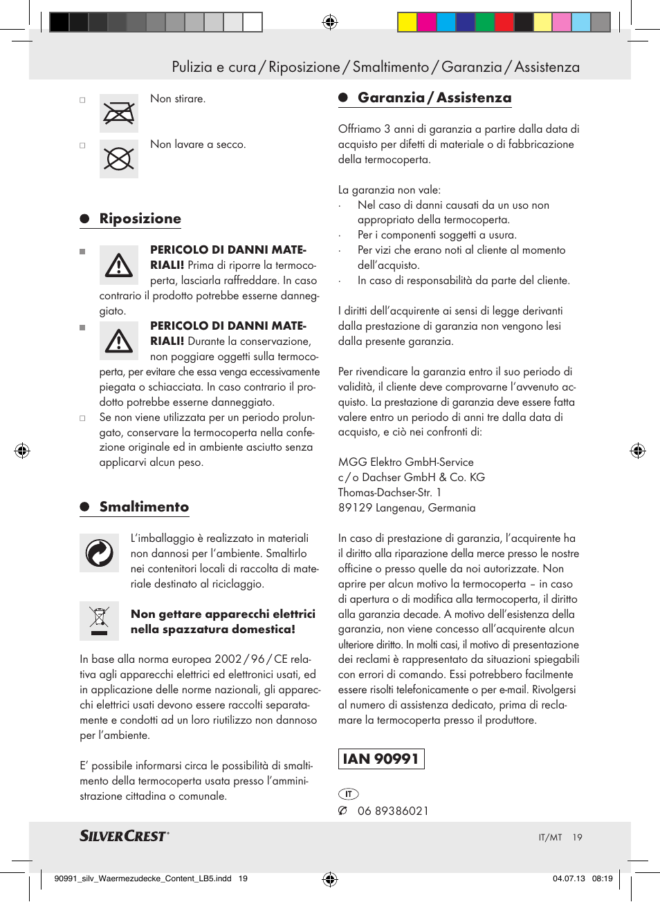 Messa in funzione / pulizia e cura, Riposizione, Smaltimento | Garanzia / assistenza | Silvercrest SWD 100 B2 User Manual | Page 19 / 45