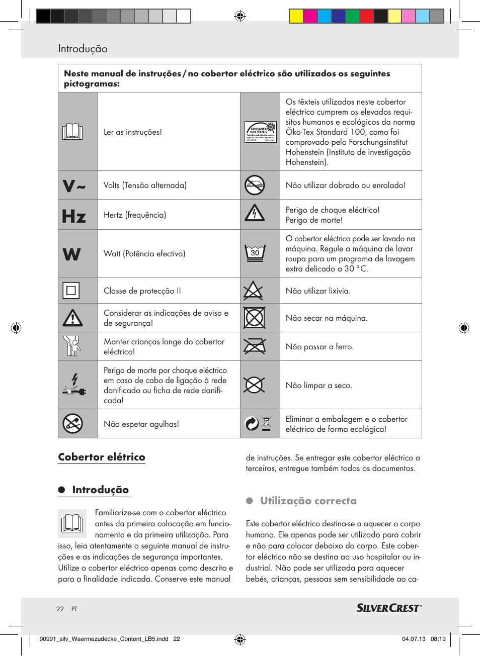 Cobertor elétrico introdução, Utilização correcta | Silvercrest SWD 100 B2 User Manual | Page 22 / 45