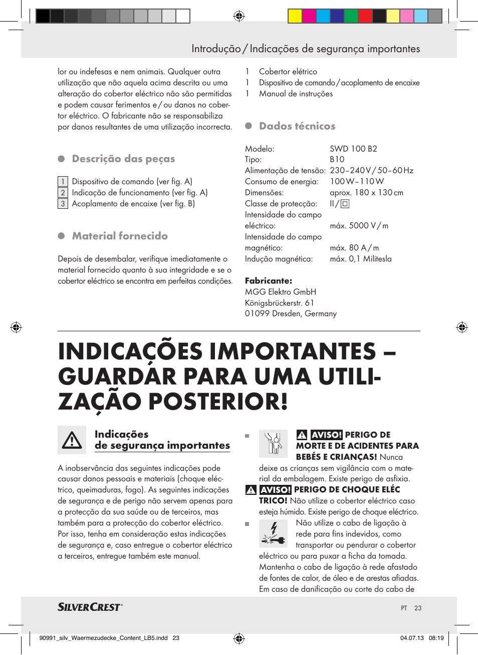 Introdução / indicações de segurança importantes, Introdução | Silvercrest SWD 100 B2 User Manual | Page 23 / 45