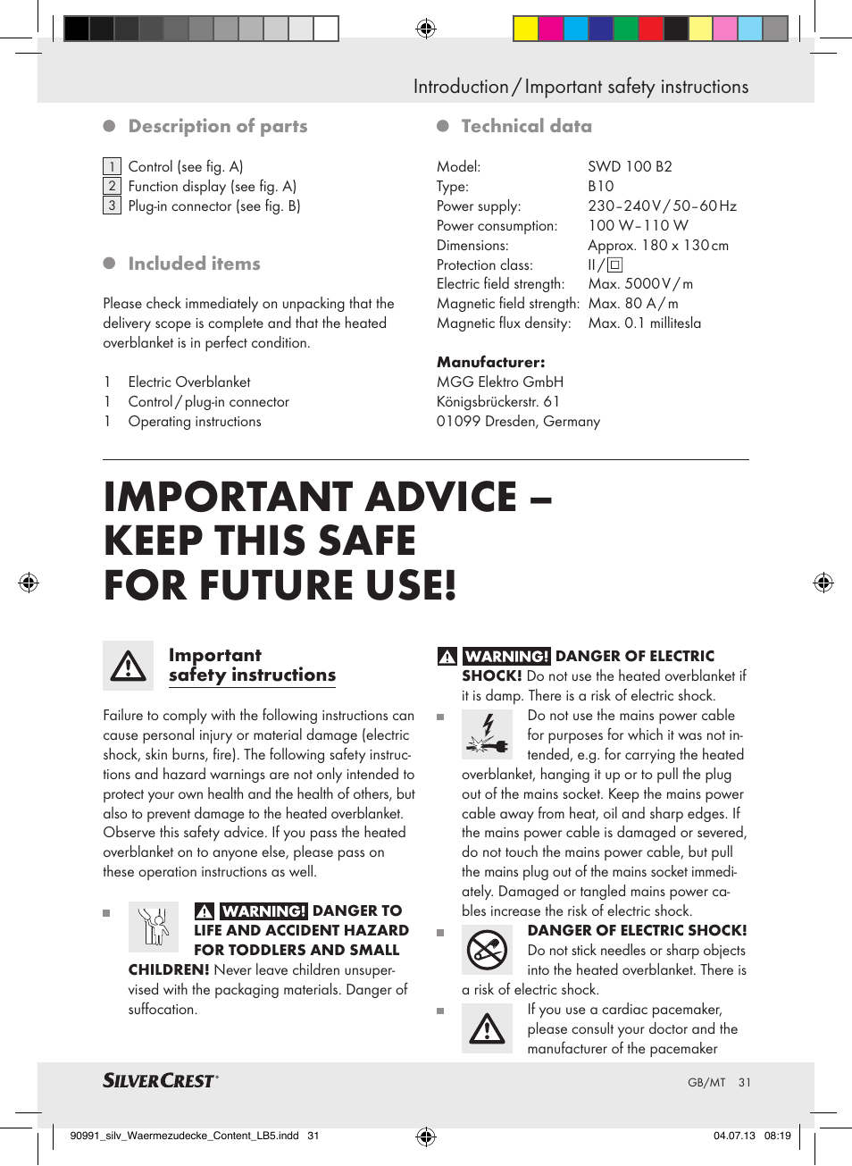 Important advice – keep this safe for future use, Introduction / important safety instructions, Introduction | Silvercrest SWD 100 B2 User Manual | Page 31 / 45