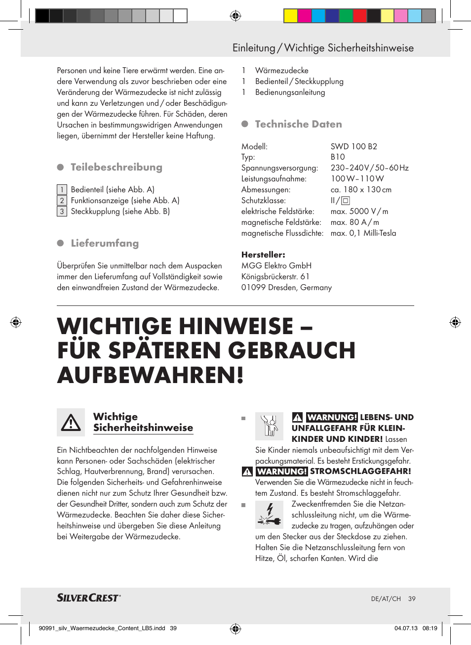 Einleitung / wichtige sicherheitshinweise, Einleitung | Silvercrest SWD 100 B2 User Manual | Page 39 / 45