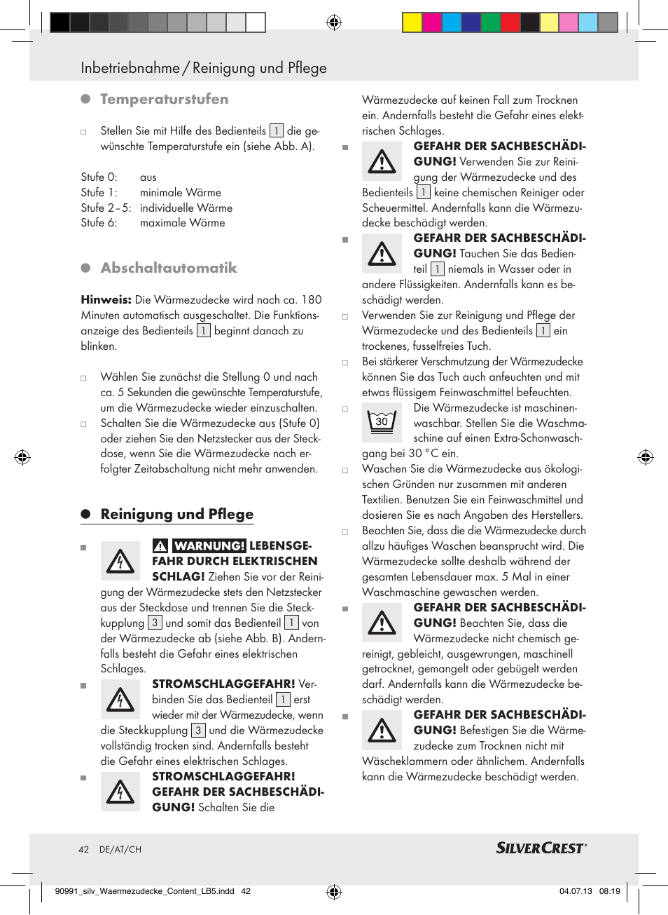Temperaturstufen, Abschaltautomatik, Reinigung und pflege | Silvercrest SWD 100 B2 User Manual | Page 42 / 45