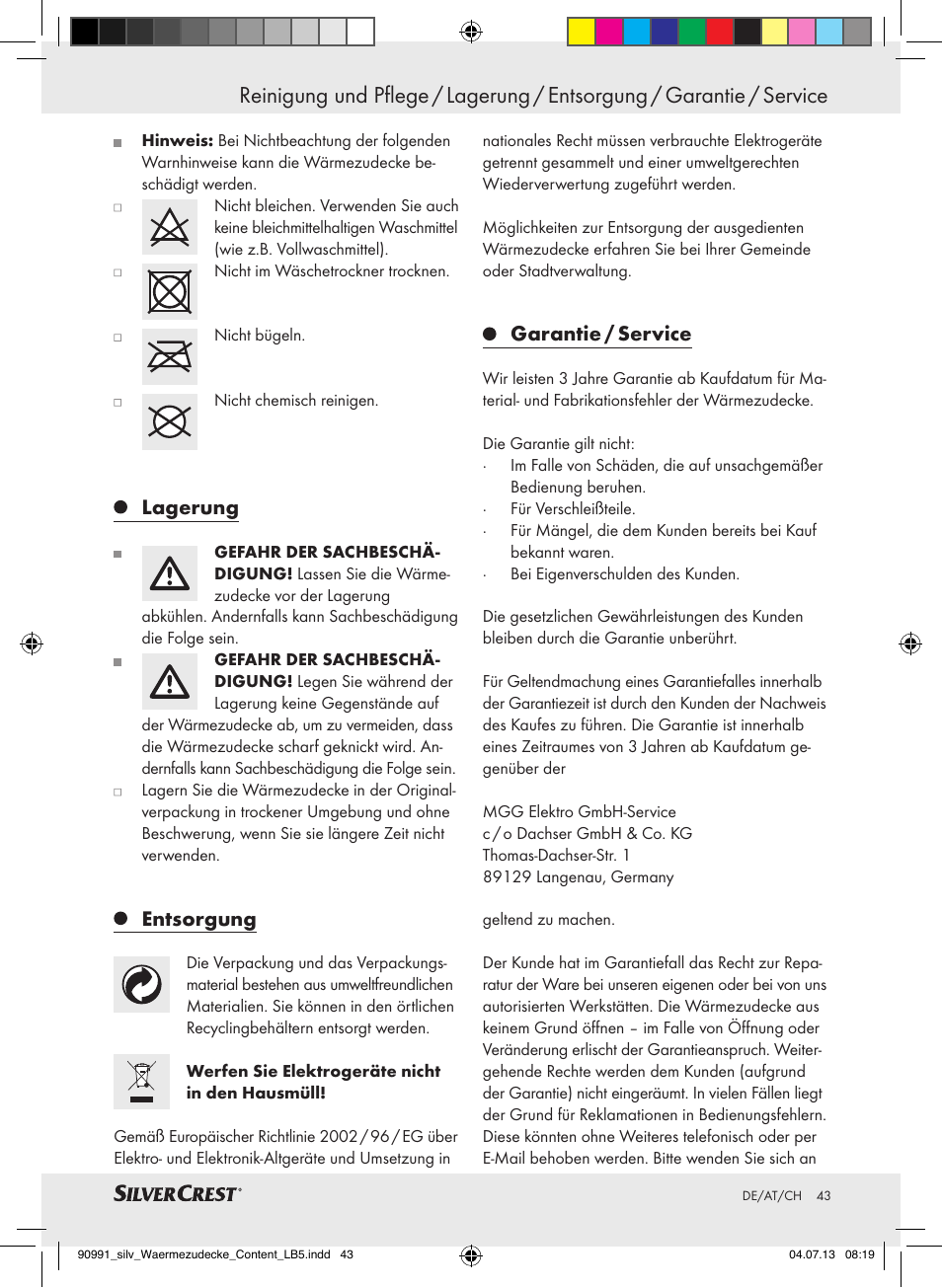 Inbetriebnahme / reinigung und pflege, Lagerung, Entsorgung | Garantie / service | Silvercrest SWD 100 B2 User Manual | Page 43 / 45