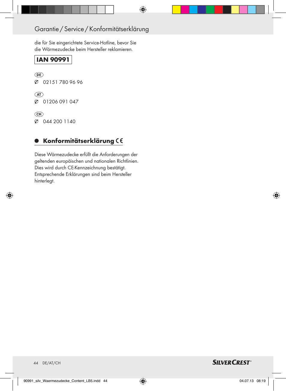 Garantie / service / konformitätserklärung, Konformitätserklärung | Silvercrest SWD 100 B2 User Manual | Page 44 / 45