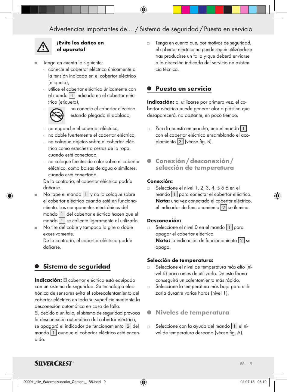 Sistema de seguridad, Puesta en servicio, Conexión / desconexión / selección de temperatura | Niveles de temperatura | Silvercrest SWD 100 B2 User Manual | Page 9 / 45