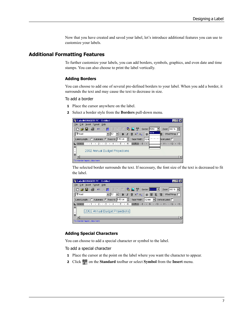 Additional formatting features, Adding borders, Adding special characters | Dymo Label Manager PC User Manual | Page 11 / 28