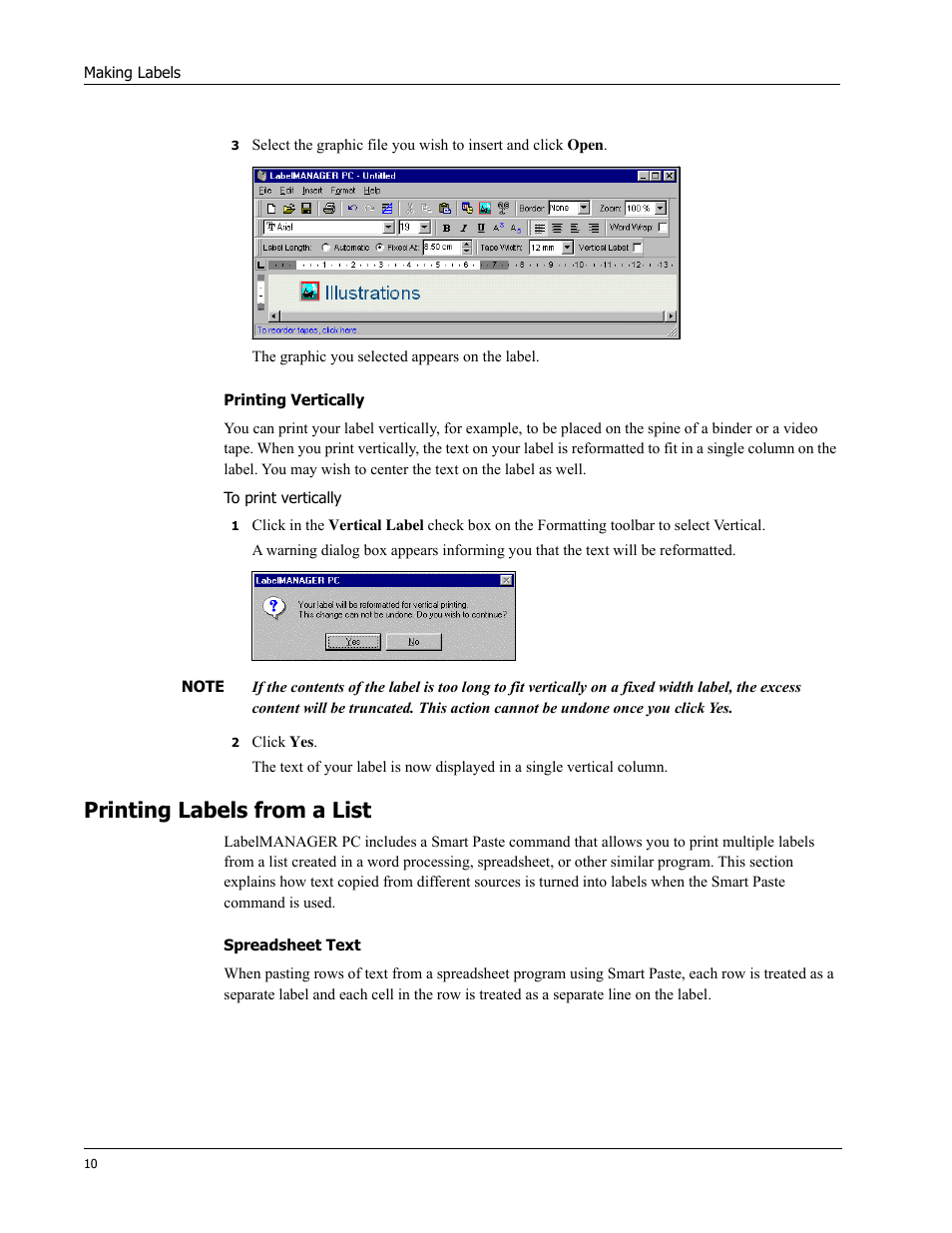 Printing vertically, Printing labels from a list, Spreadsheet text | Dymo Label Manager PC User Manual | Page 14 / 28