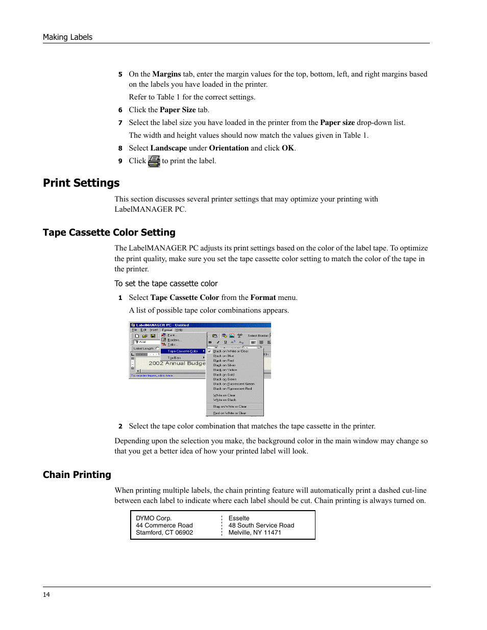 Print settings, Tape cassette color setting, Chain printing | Dymo Label Manager PC User Manual | Page 18 / 28