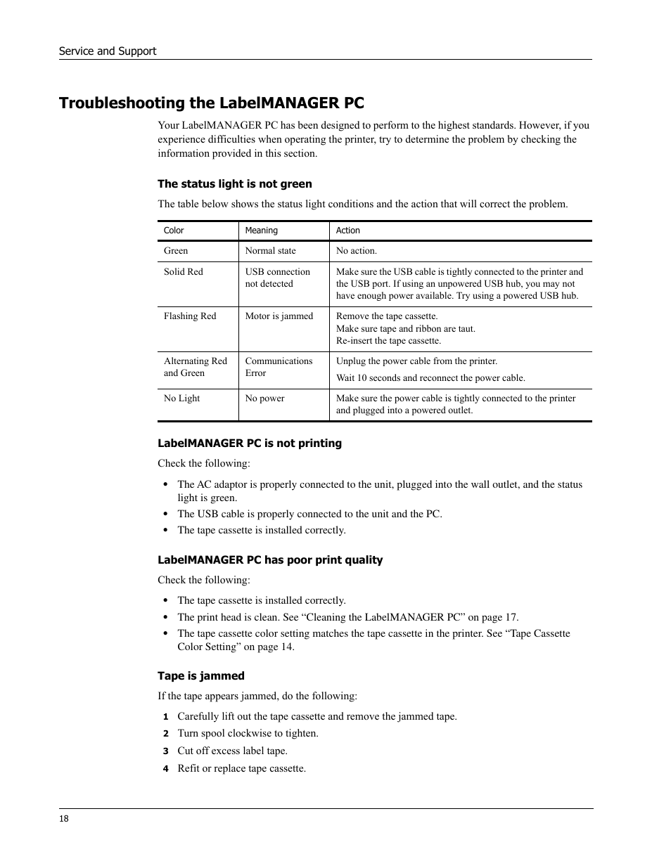 Troubleshooting the labelmanager pc, The status light is not green, Labelmanager pc is not printing | Labelmanager pc has poor print quality, Tape is jammed | Dymo Label Manager PC User Manual | Page 22 / 28