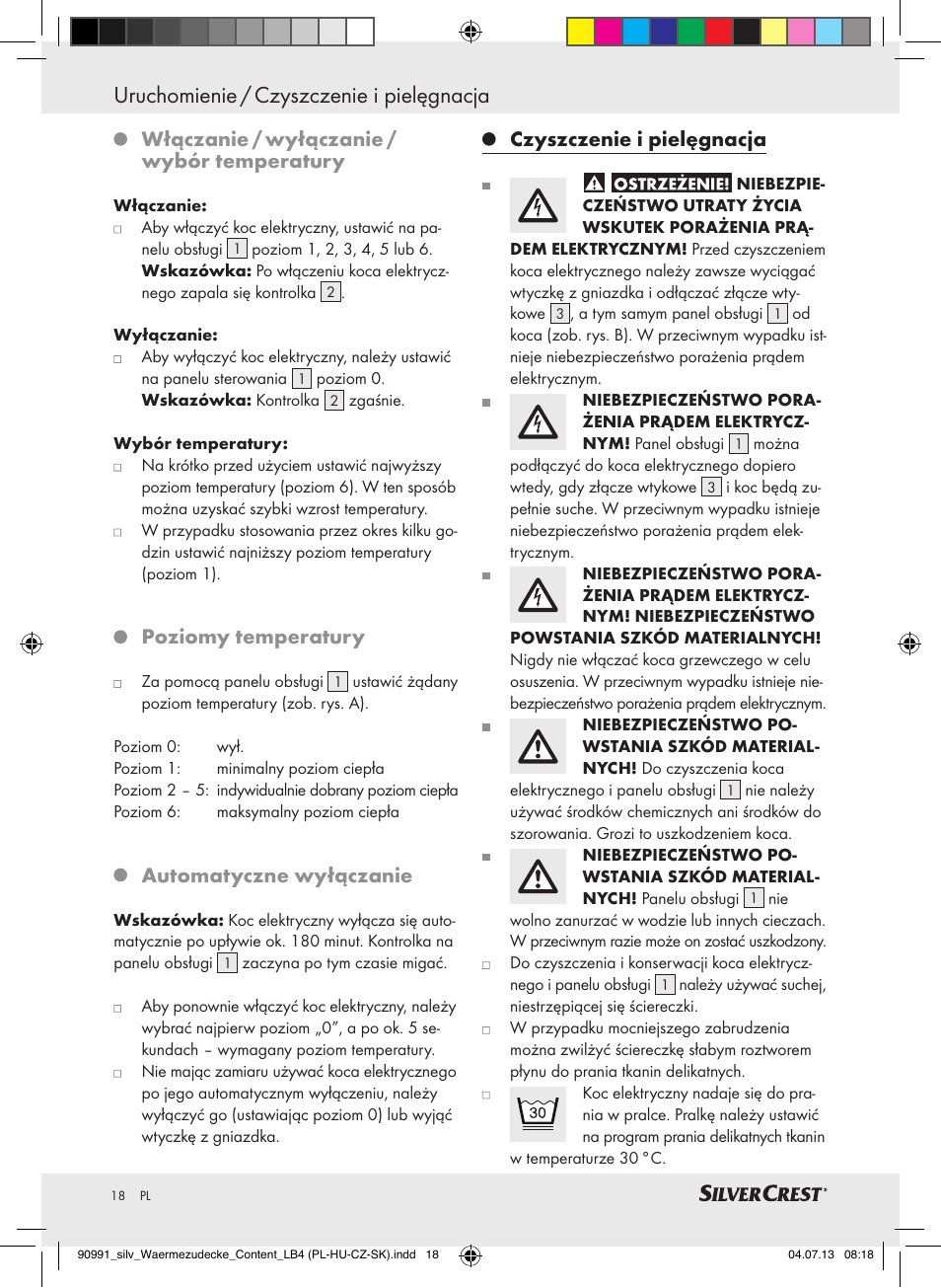 Włączanie / wyłączanie / wybór temperatury, Poziomy temperatury, Automatyczne wyłączanie | Czyszczenie i pielęgnacja | Silvercrest SWD 100 B2 User Manual | Page 18 / 57
