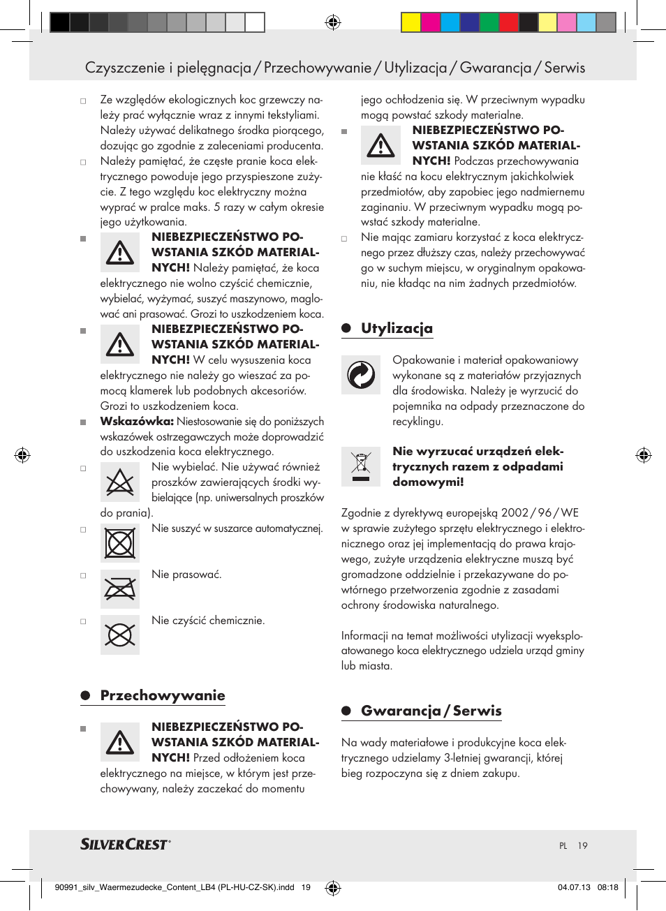 Przechowywanie, Utylizacja, Gwarancja / serwis | Silvercrest SWD 100 B2 User Manual | Page 19 / 57