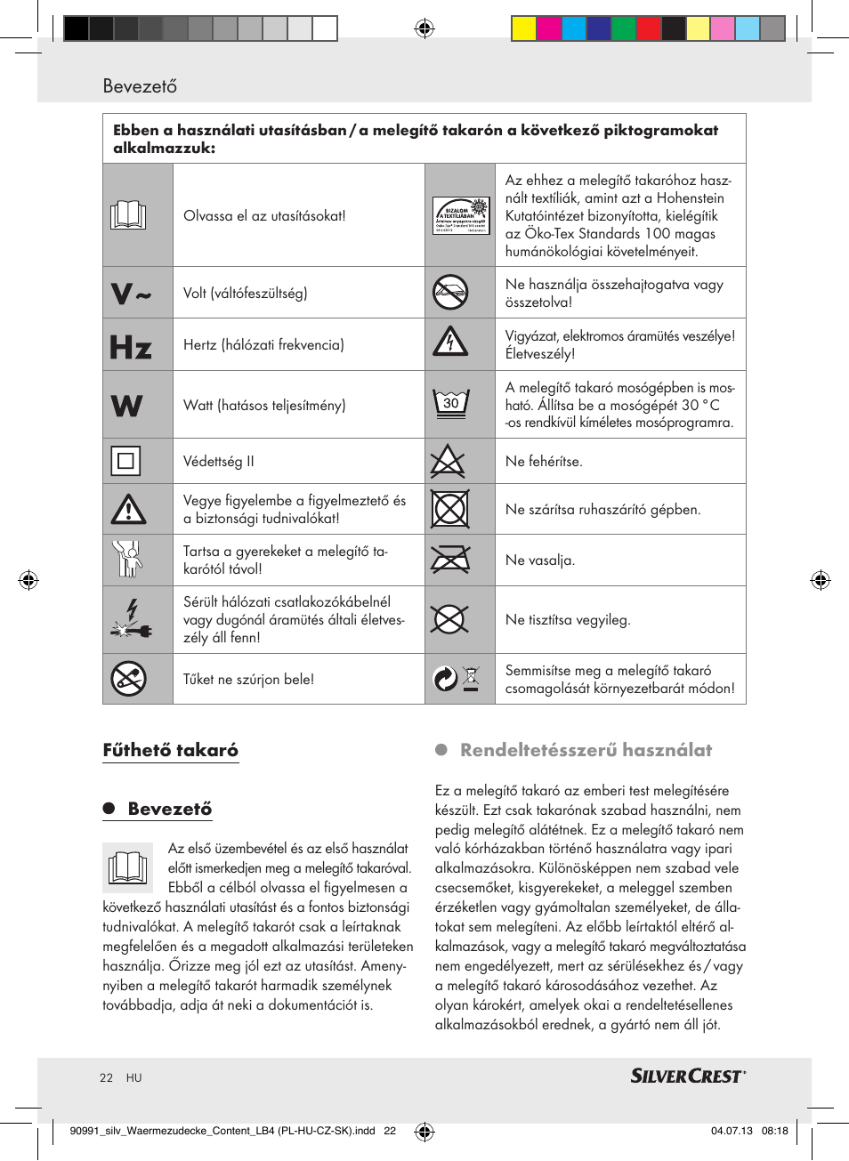 Bevezető / fontos biztonsági tudnivalók bevezető, Fűthető takaró bevezető, Rendeltetésszerű használat | Silvercrest SWD 100 B2 User Manual | Page 22 / 57