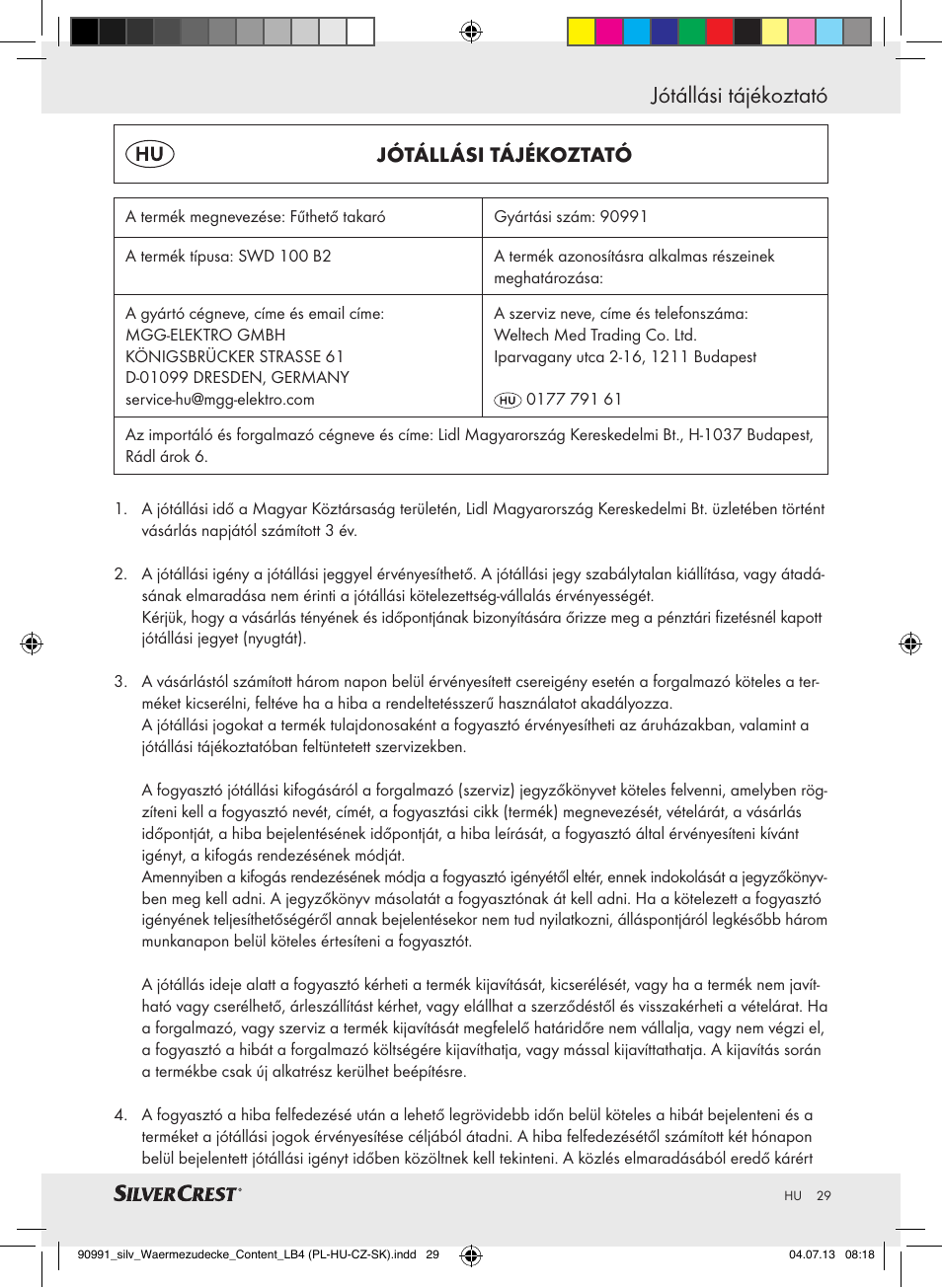 Jótállási tájékoztató megfelelőségi nyilatkozat, Jótállási tájékoztató | Silvercrest SWD 100 B2 User Manual | Page 29 / 57