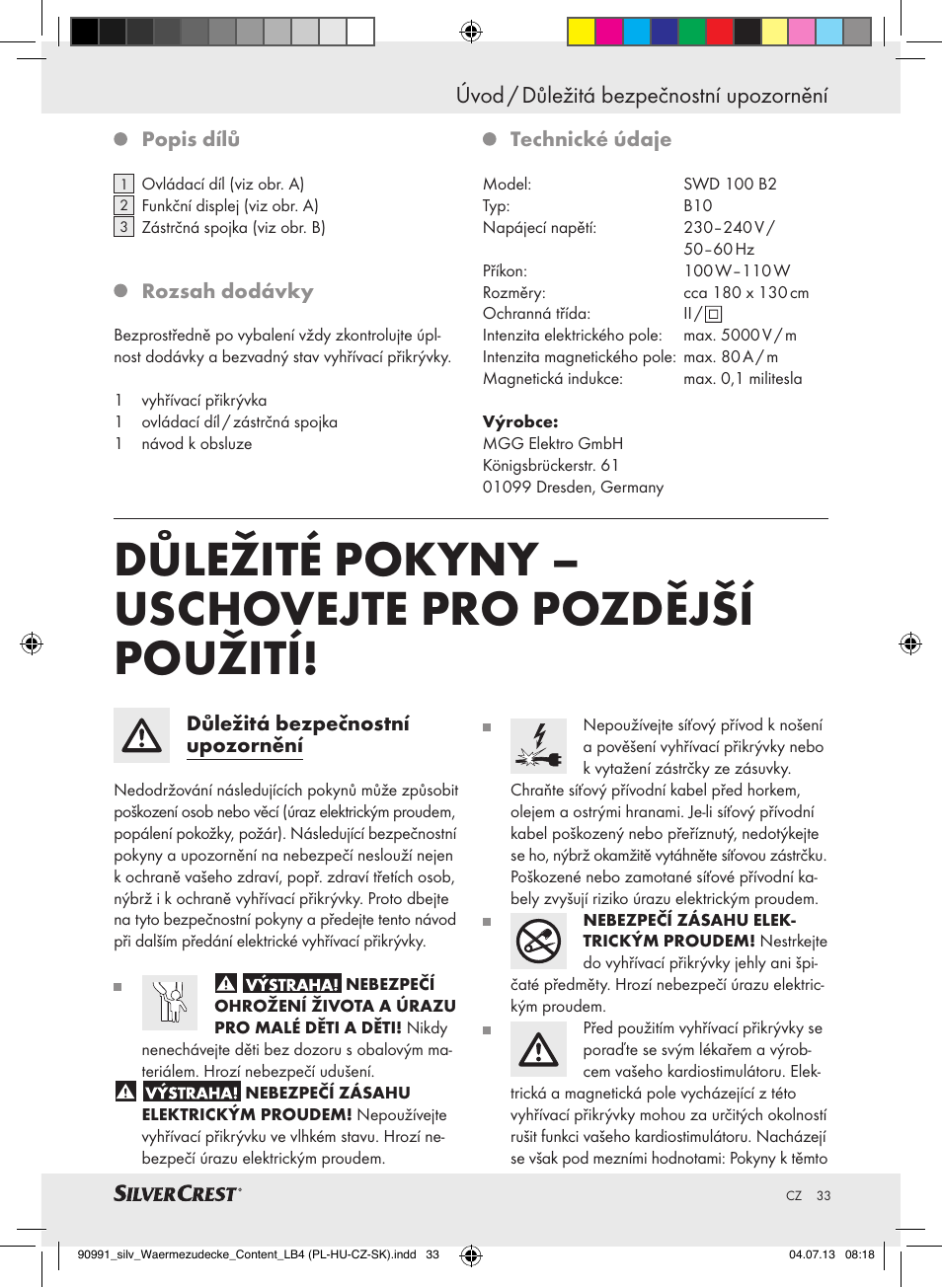Důležité pokyny – uschovejte pro pozdější použití, Úvod / důležitá bezpečnostní upozornění úvod | Silvercrest SWD 100 B2 User Manual | Page 33 / 57